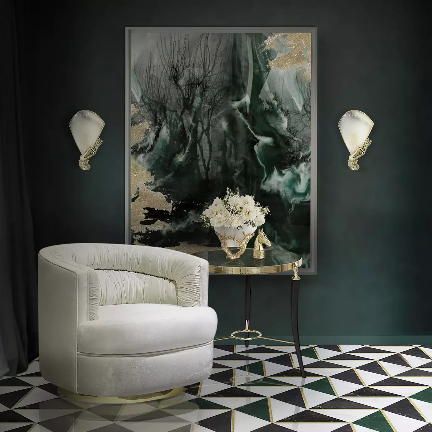 Elegant Gisele Side Table with peacock feather pattern top next to a soft fabric chair in a sophisticated setting.