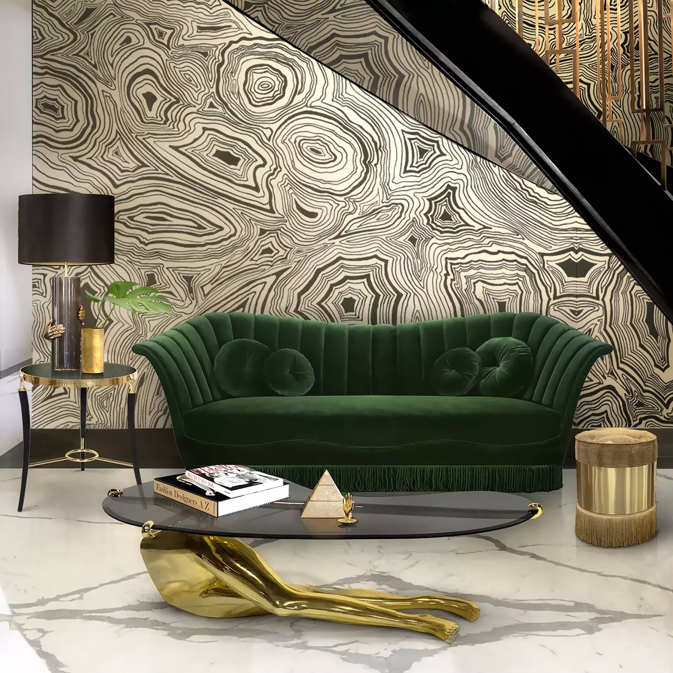 Elegant Caprichosa three-seater sofa in green velvet in a sophisticated living room with a Gisele Side Table.
