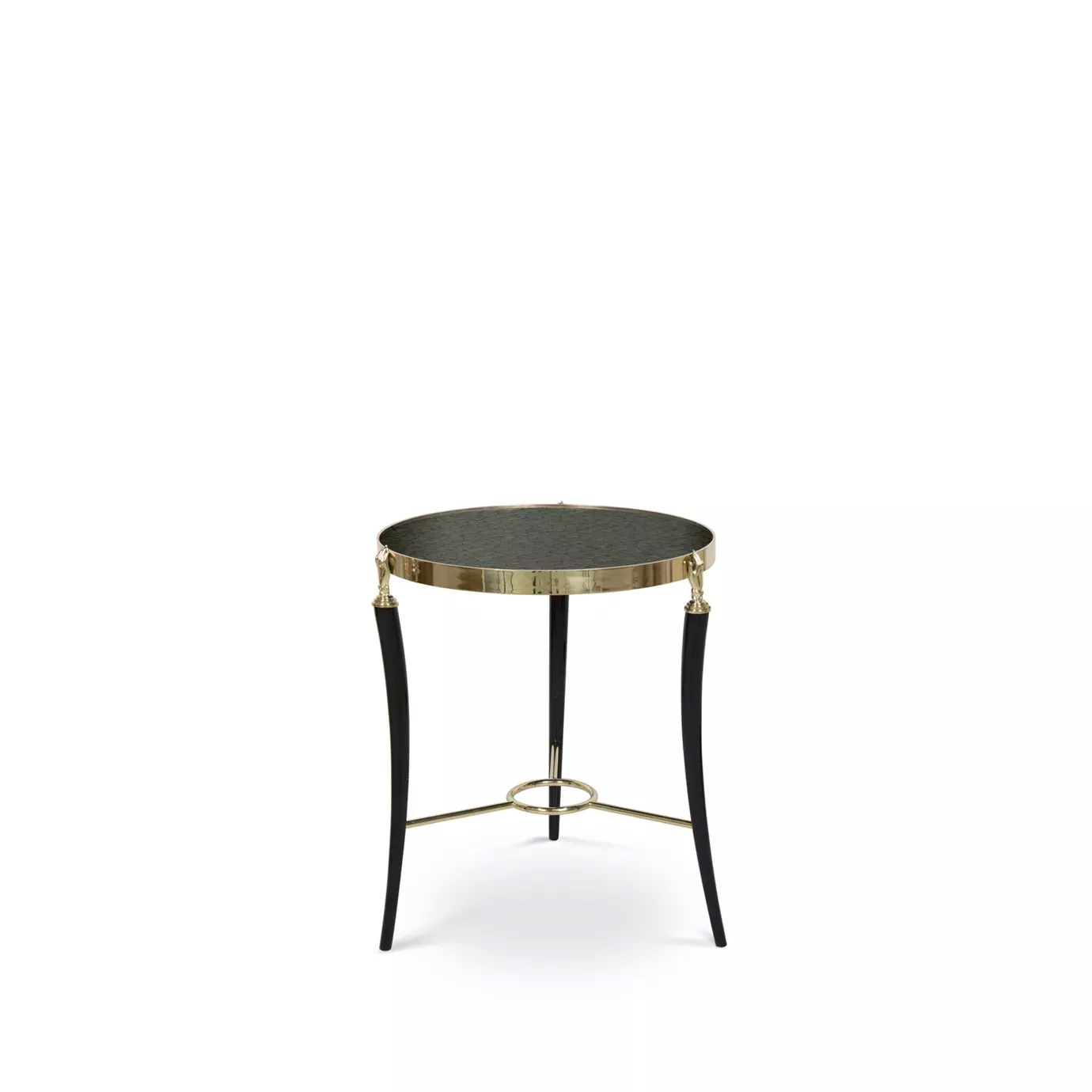 Elegant Gisele Side Table with peacock feather pattern top, golden details, and black legs.