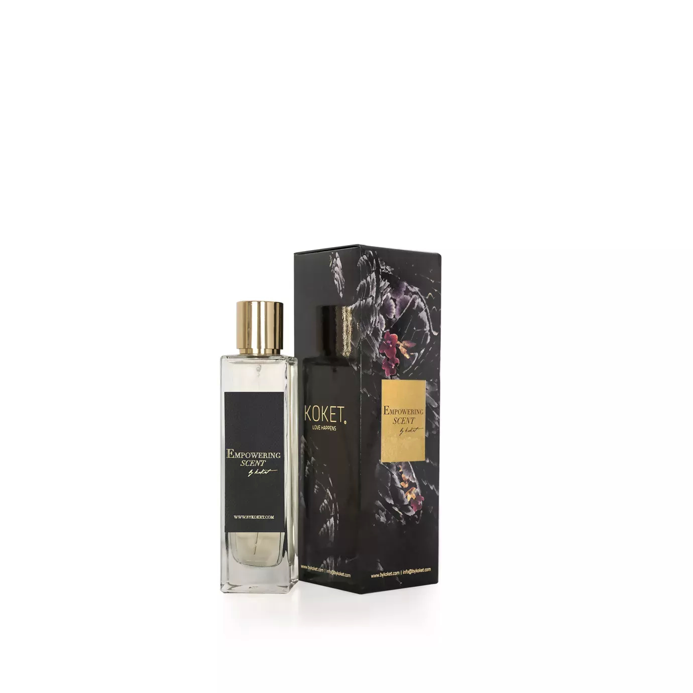 Empowering Scent perfume: clear bottle with gold cap and black label, next to its dark floral packaging.