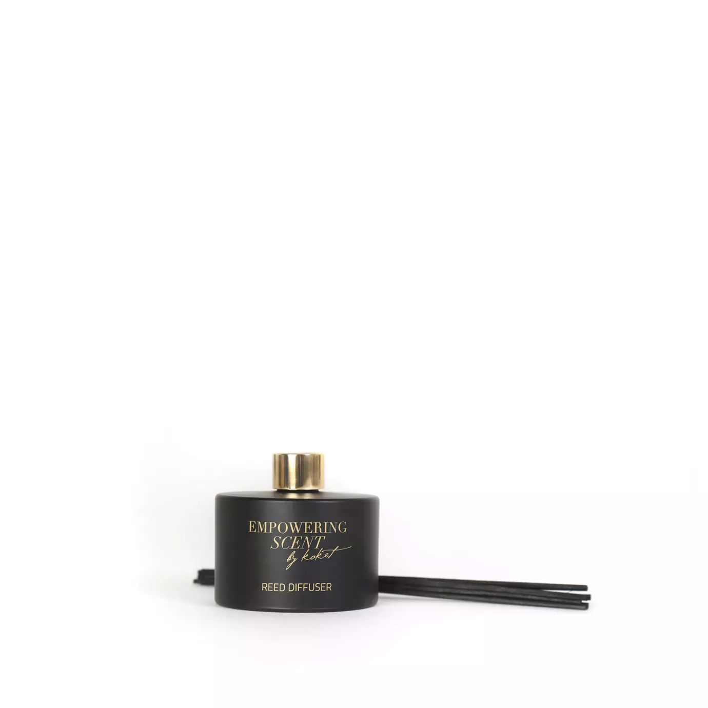 Consulta executada com êxito  Empowering Diffuser: A black bottle with a gold cap and reeds. The label reads 'EMPOWERING SCENT by Koket REED DIFFUSER'.