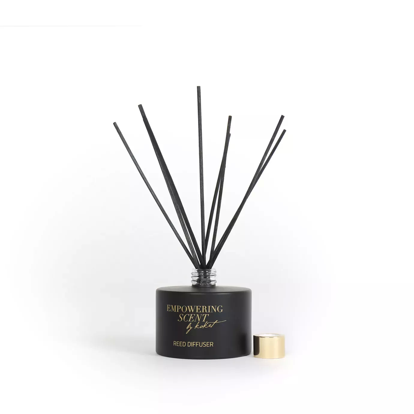 Empowering Diffuser: Black bottle with gold cap and reeds. The label reads 'EMPOWERING SCENT by Koket REED DIFFUSER'.