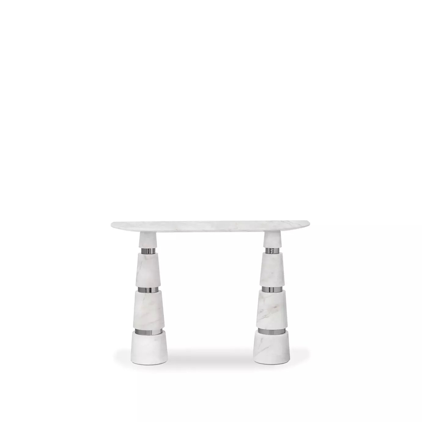 Avalanche Console: White Estremoz marble top and striking conical legs with polished stainless steel details create a sleek, modern design.