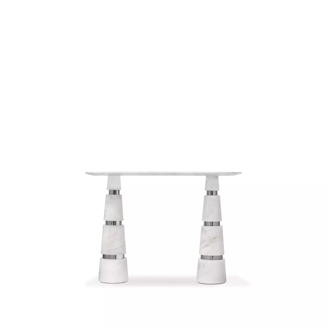 Avalanche Console: White Estremoz marble top and striking conical legs with polished stainless steel details create a sleek, modern design.