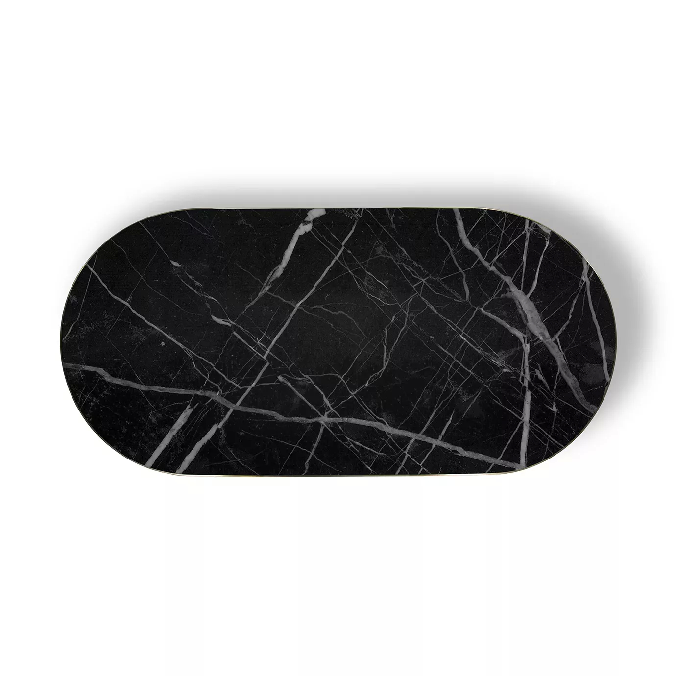 Top-down view of the Decodiva Dining Table's oval black Nero Marquina marble top, showcasing its striking white veining and subtle gold trim.