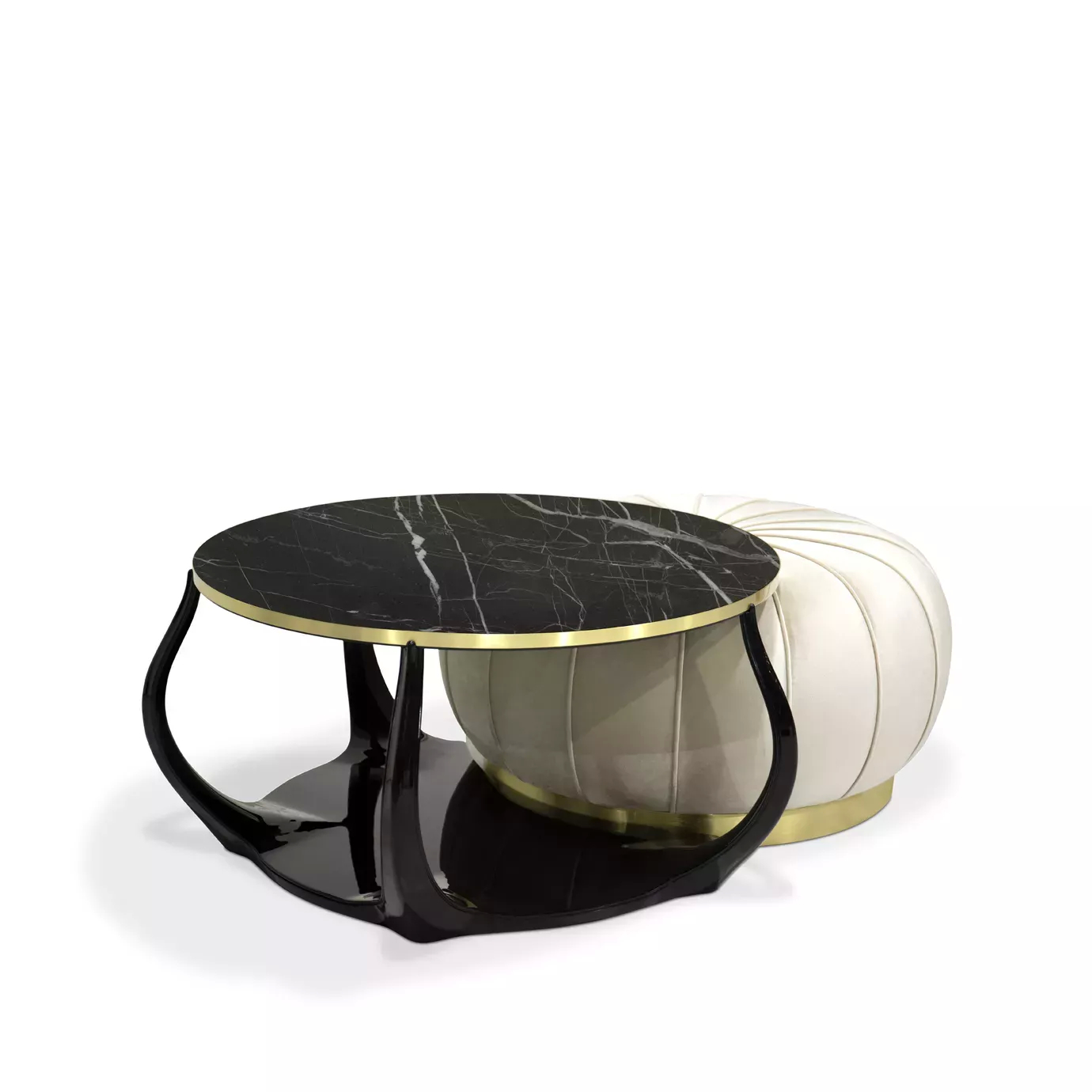 Embrace Coffee Table: Black Nero Marquina marble top with gold trim, fluid black base, paired with a plush cream velvet ottoman with gold accents.
