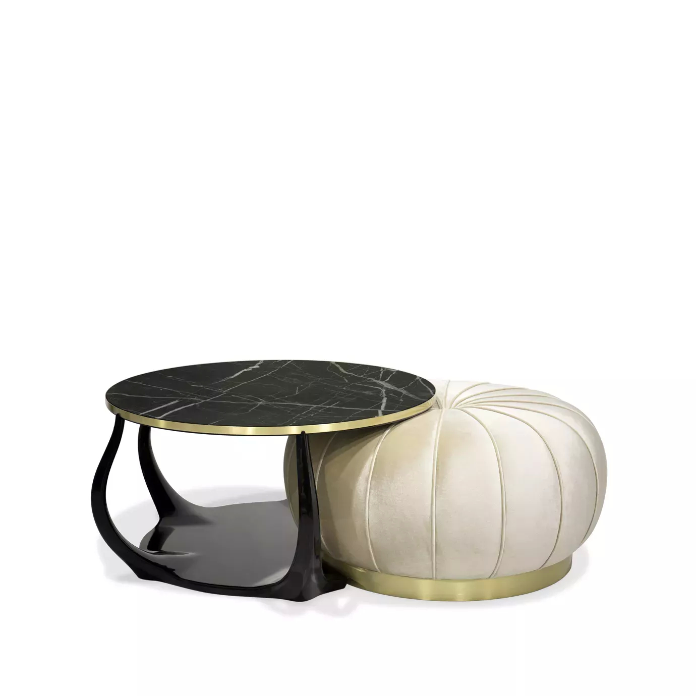 Embrace Coffee Table featuring a black Nero Marquina marble top with gold trim, a curved black base, and a cream velvet ottoman.