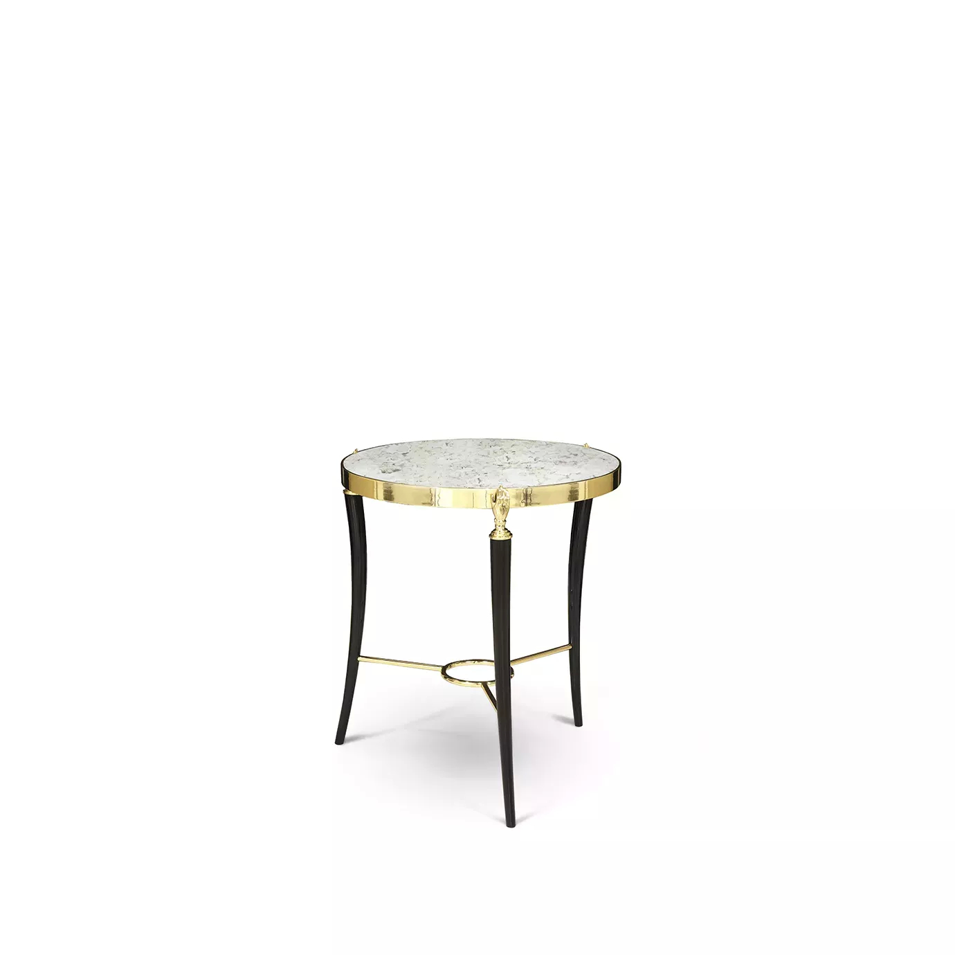 Gisele Side Table with an aged mirror top, a shiny gold-toned rim, and elegant dark legs with ornate gold accents.