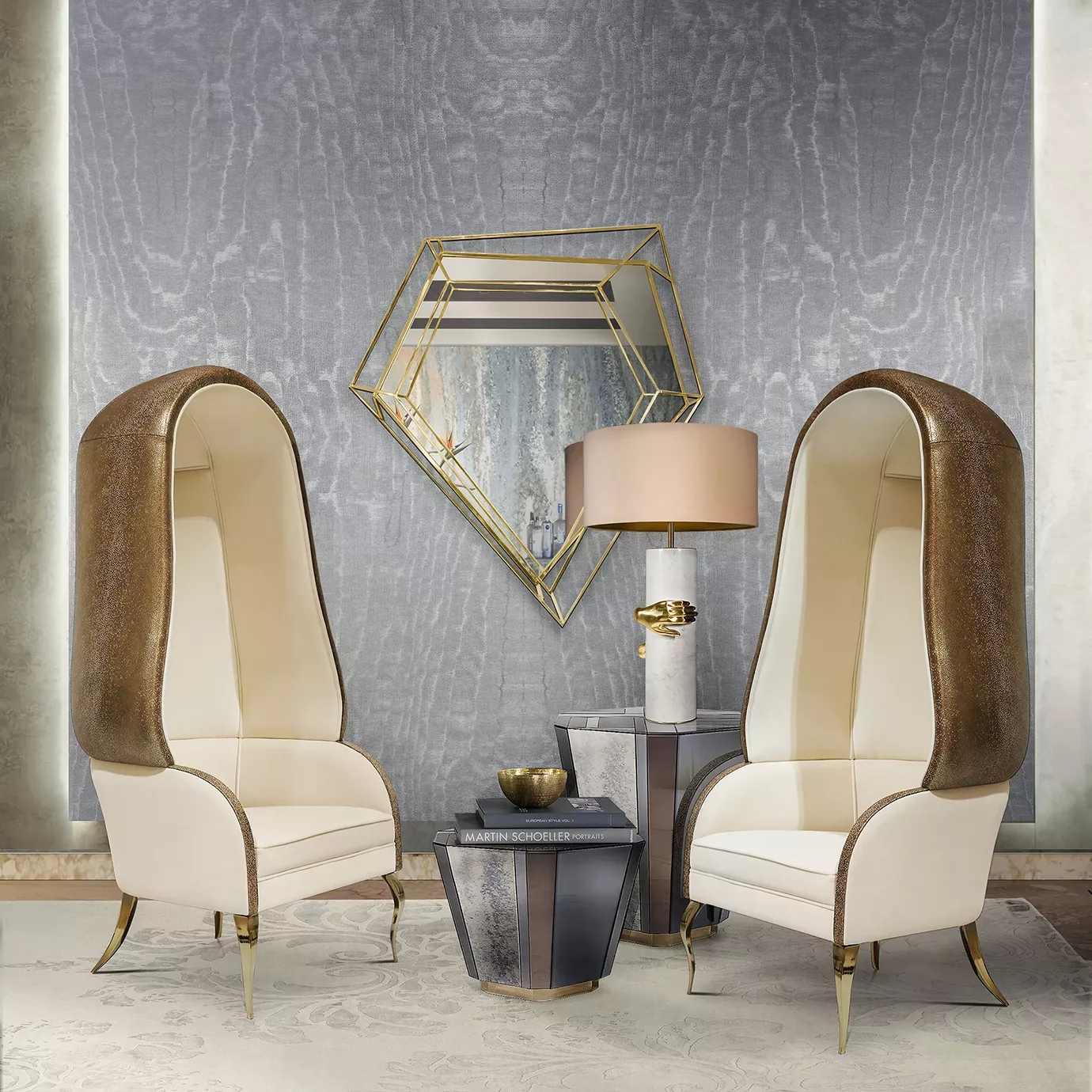 Elegant Lemprica Side Table with faceted mirrored surface between two high-backed chairs and a golden geometric mirror in a modern setting.