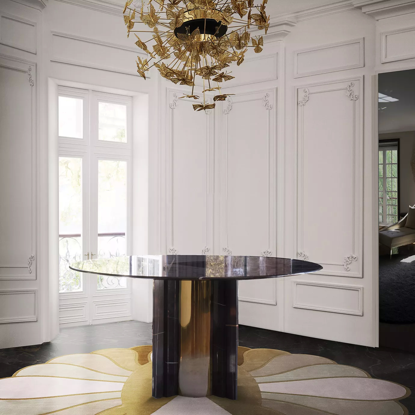 Paris Nero Marquina Marble Dining Table in a bright room with a butterfly chandelier and a colorful, patterned rug.