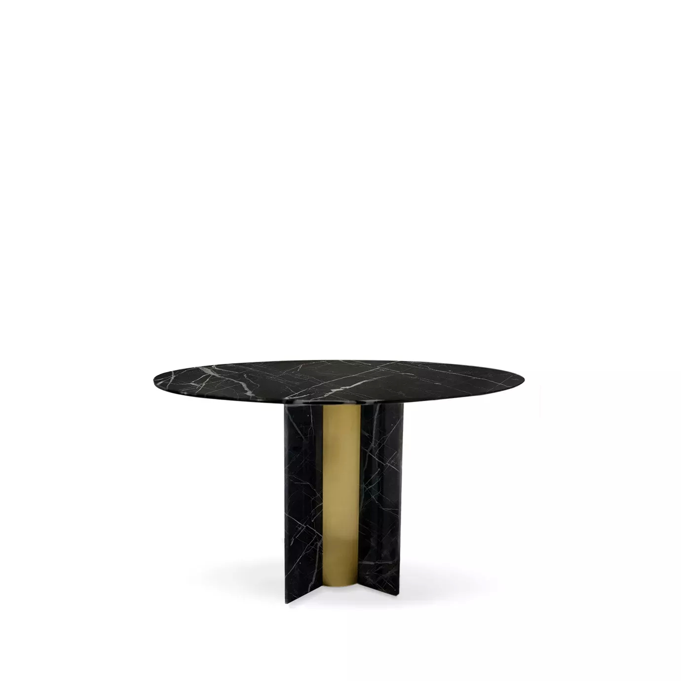Paris Nero Marquina Marble Dining Table with a round black marble top featuring white veins and a striking black and gold cylindrical base.
