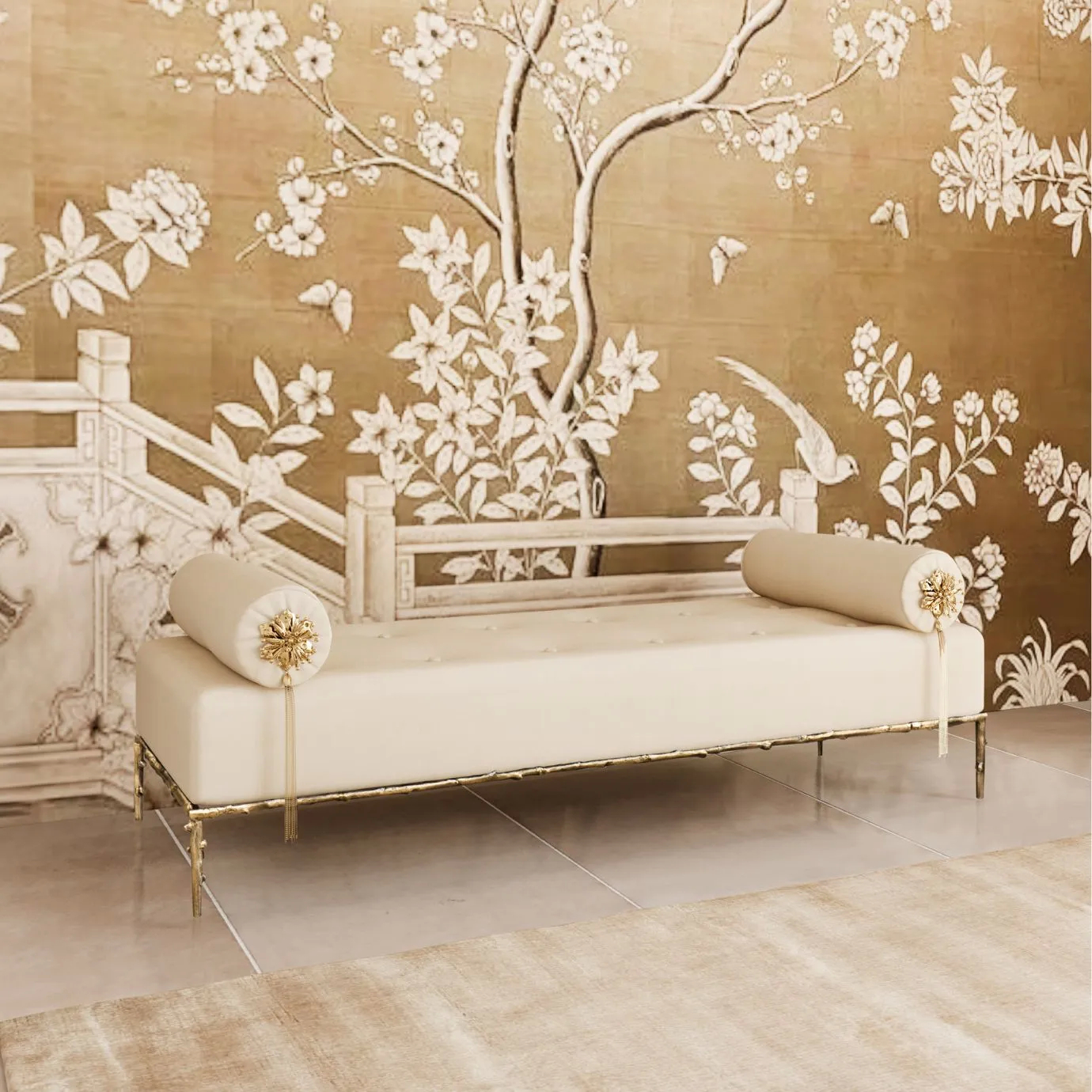 Privê Bench in a room with a golden patterned wall, and decorative bolster pillows with tassels.