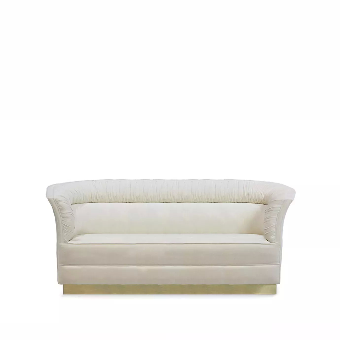 Lovely Metal Base Sofa featuring a cream-colored, gathered back and seat, set on a sleek golden base.