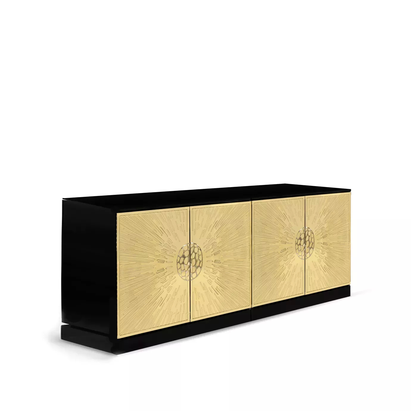 Slightly angled view of the Heive Cabinet with four golden doors featuring radiating designs and textured circular handles, on a black base and top.