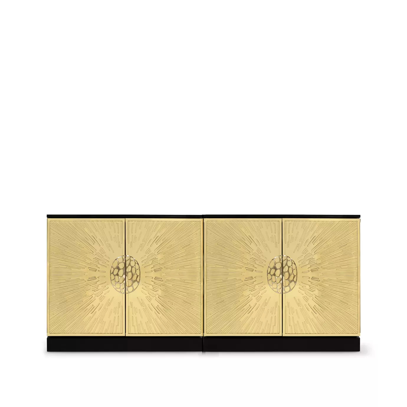 Heive Cabinet featuring four golden doors with radiating patterns and central textured circular handles, on a black base and top.