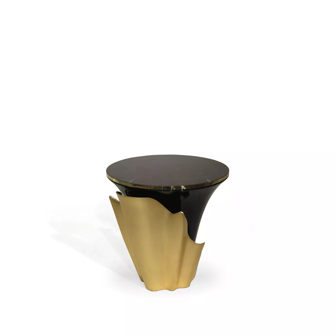 Featuring a sultry silhouette, Yasmine Side Table has a black marble tabletop with golden edges set on a solid wooden black base. The base is adorned with a golden structure that arches back and forth.