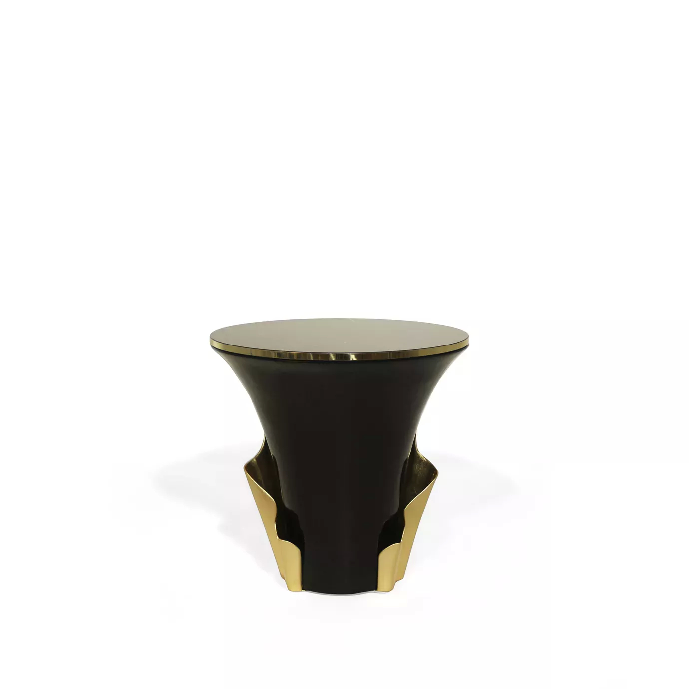 Yasmine Side Table: with a sultry silhouette, this luxurious side table has a 	black marble tabletop with golden edges set on a solid wooden black base, adorned with a golden structure, barely visible in this image.
