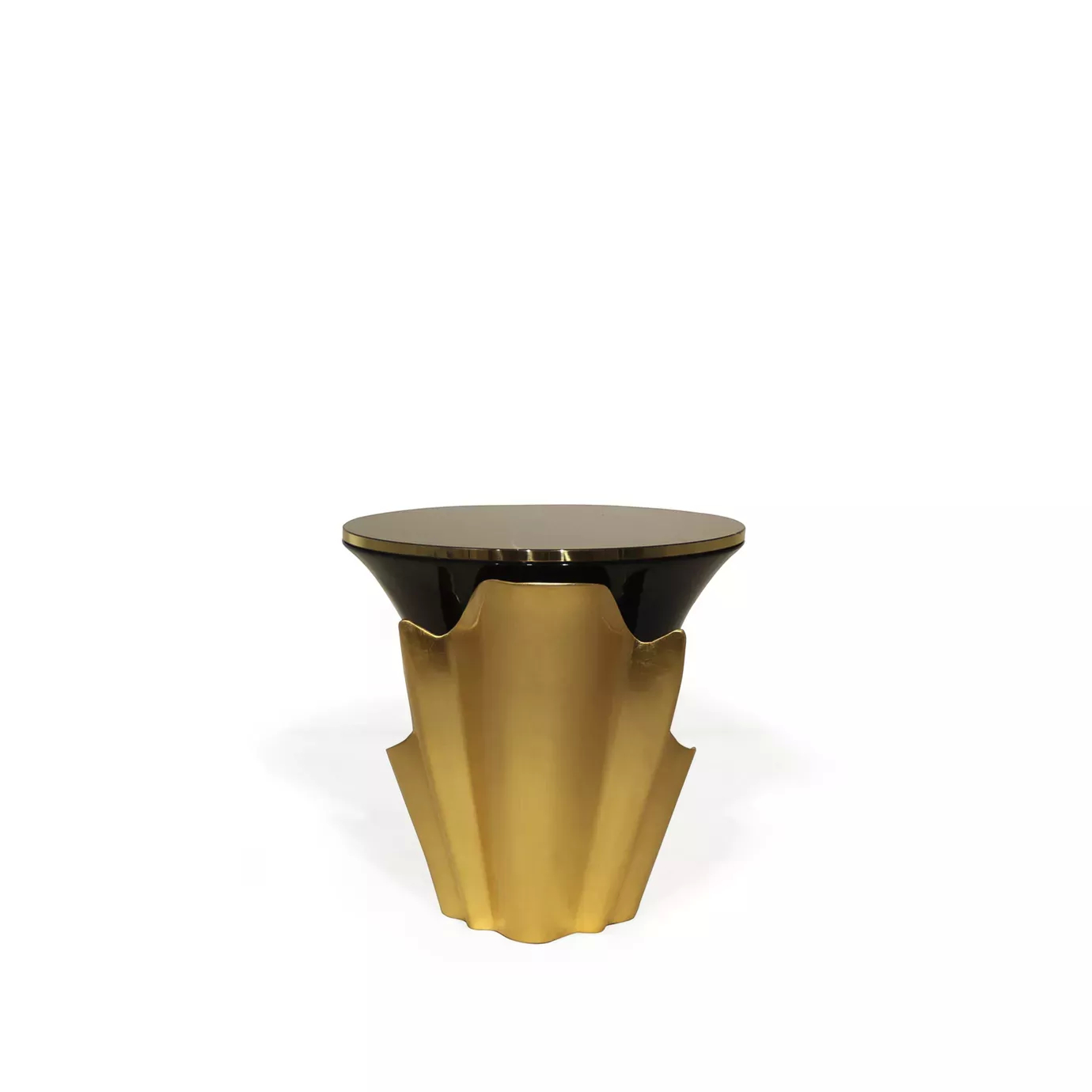With emphasis on the golden structure that arches back and forth around the solid wooden black base, the Yasmine Side Table has a black marble tabletop with golden details.