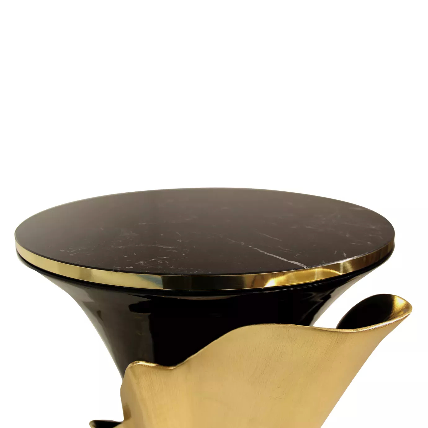 Yasmine Side Table: featuring a black marble tabletop with golden edges, this side table has a golden structure that arches back and forth around the black wooden base.