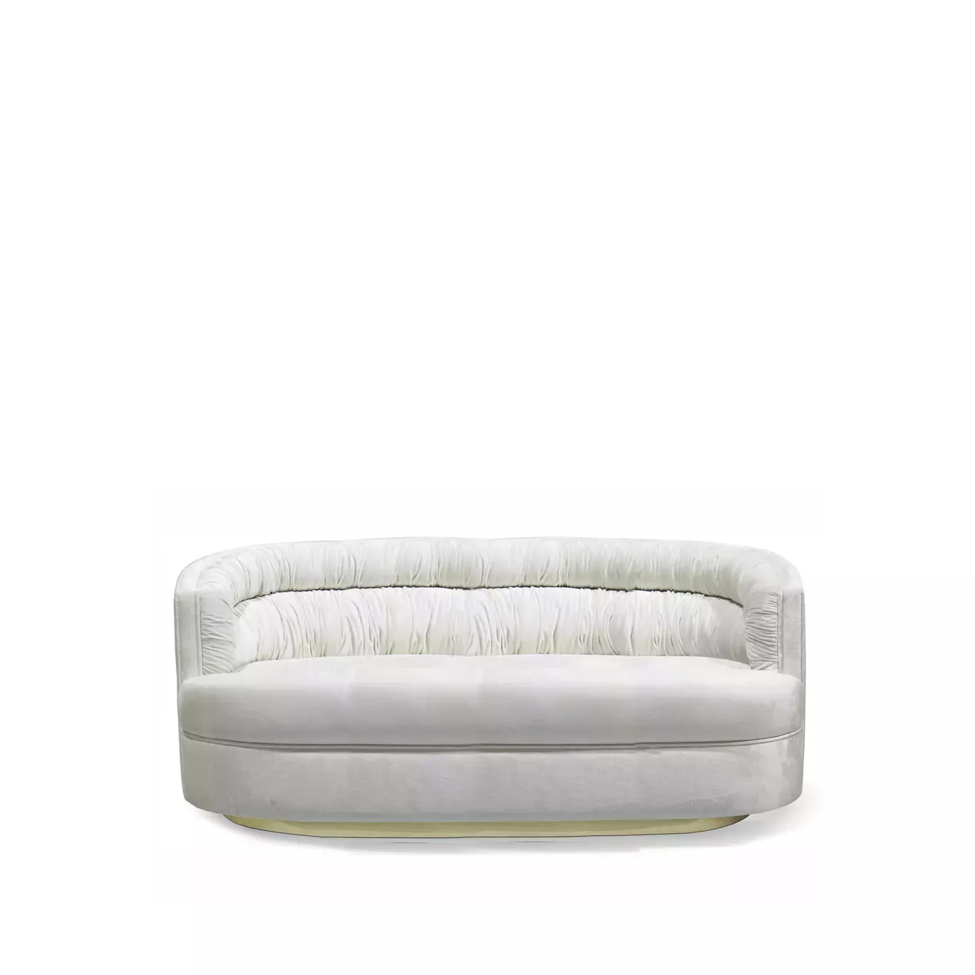 Cocktail Metal Base Sofa in soft, off-white upholstery with a distinctive gathered back and a sleek, low metal base.