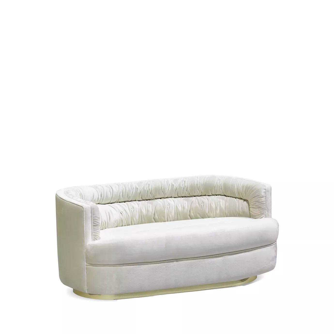 Slightly angled view of the Cocktail Metal Base Sofa in a soft, off-white upholstery with a unique, gathered back and a sleek metal base.
