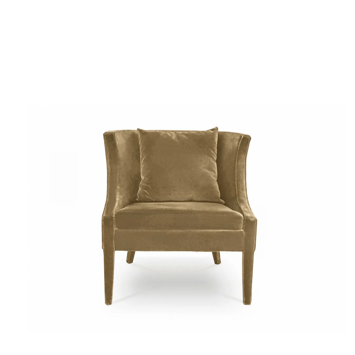 Athina Chair, a wingback armchair upholstered in a soft, golden-brown velvet with a matching square pillow.