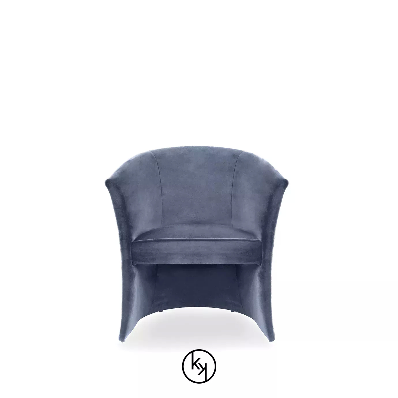 Marseille Chair in a deep blue velvet, featuring a curved back and a modern, flowing silhouette.