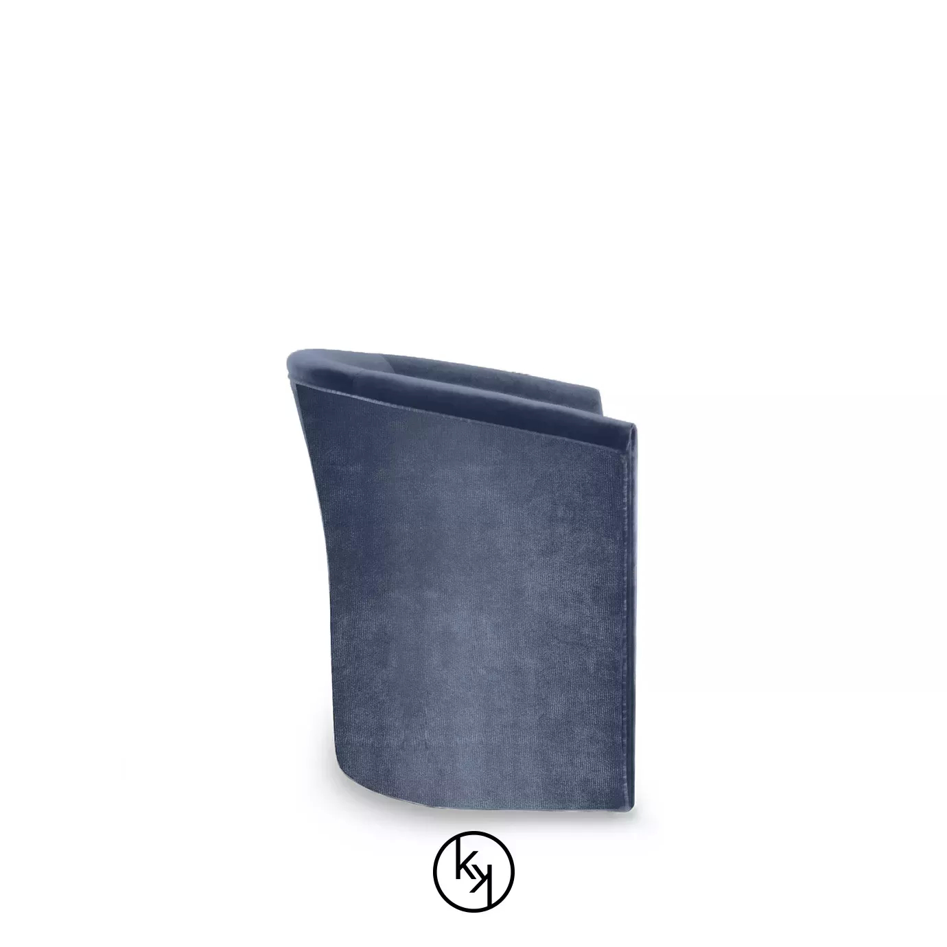 Marseille Chair, seen from the side, showcasing its curved back and continuous, flowing lines, upholstered in a deep blue velvet.