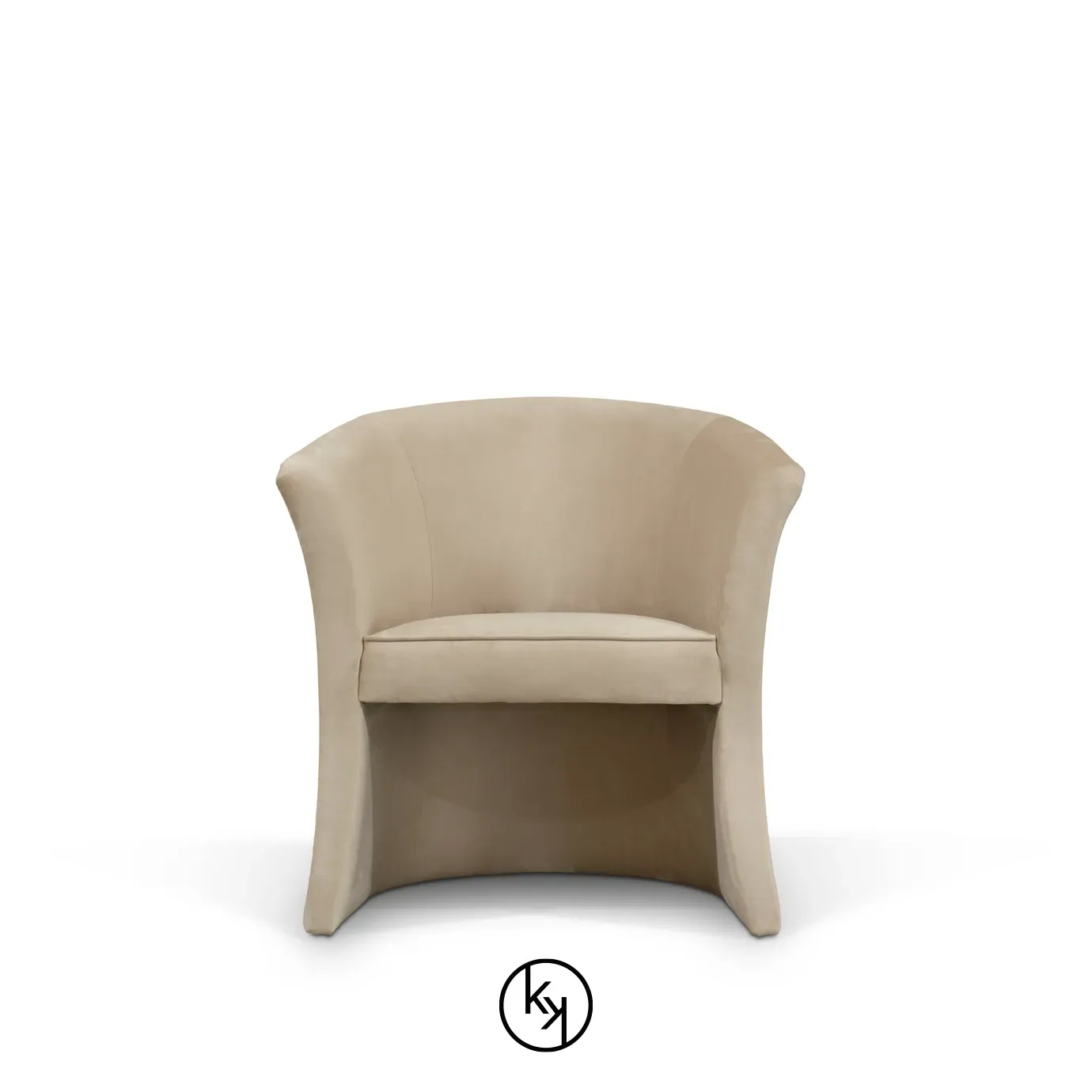 Marseille Chair, a modern armchair with a curved back and continuous, flowing lines, upholstered in a soft, neutral fabric.