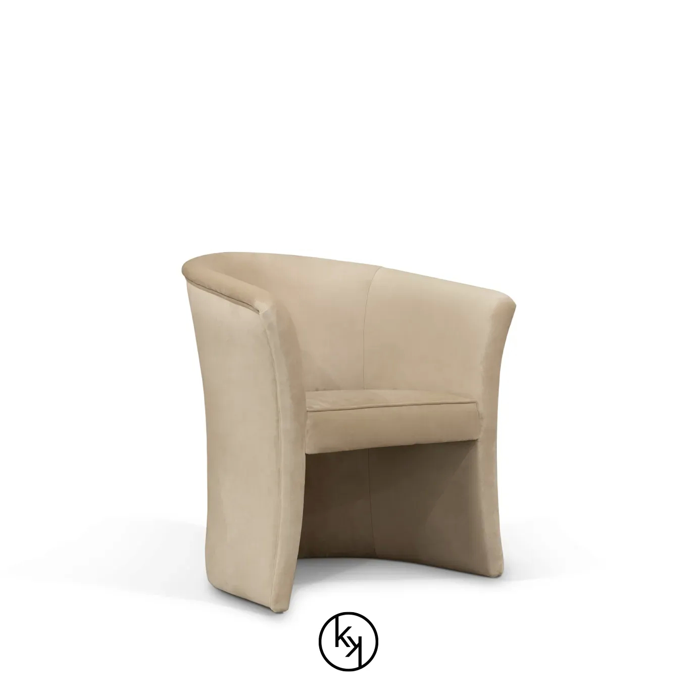 Slightly angled view of the Marseille Chair, a modern armchair with a curved back and continuous, flowing lines, upholstered in a soft, neutral fabric.