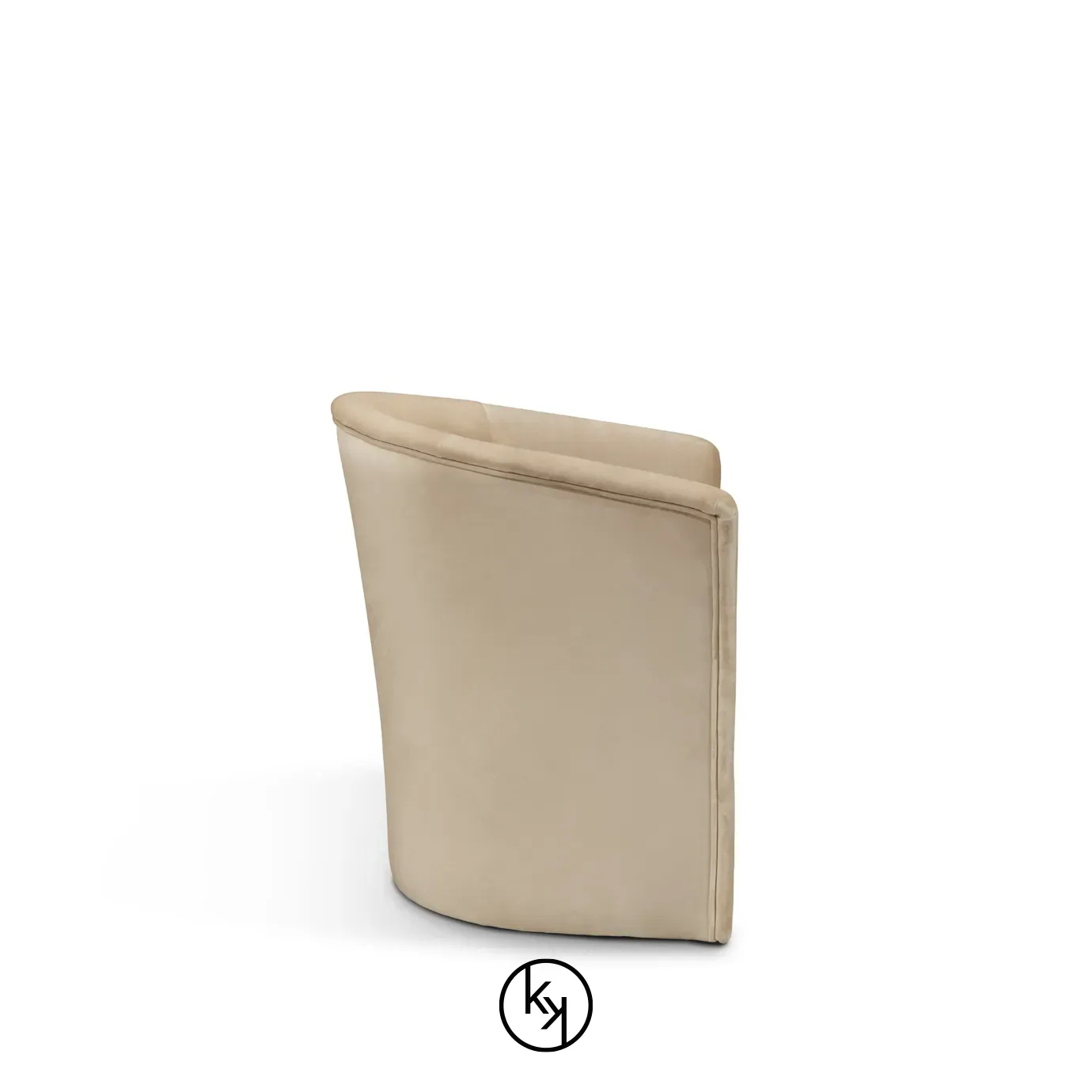 Consulta executada com êxito  Marseille Chair, seen from the side, showcasing its curved back and continuous, flowing lines, upholstered in a soft, neutral fabric.