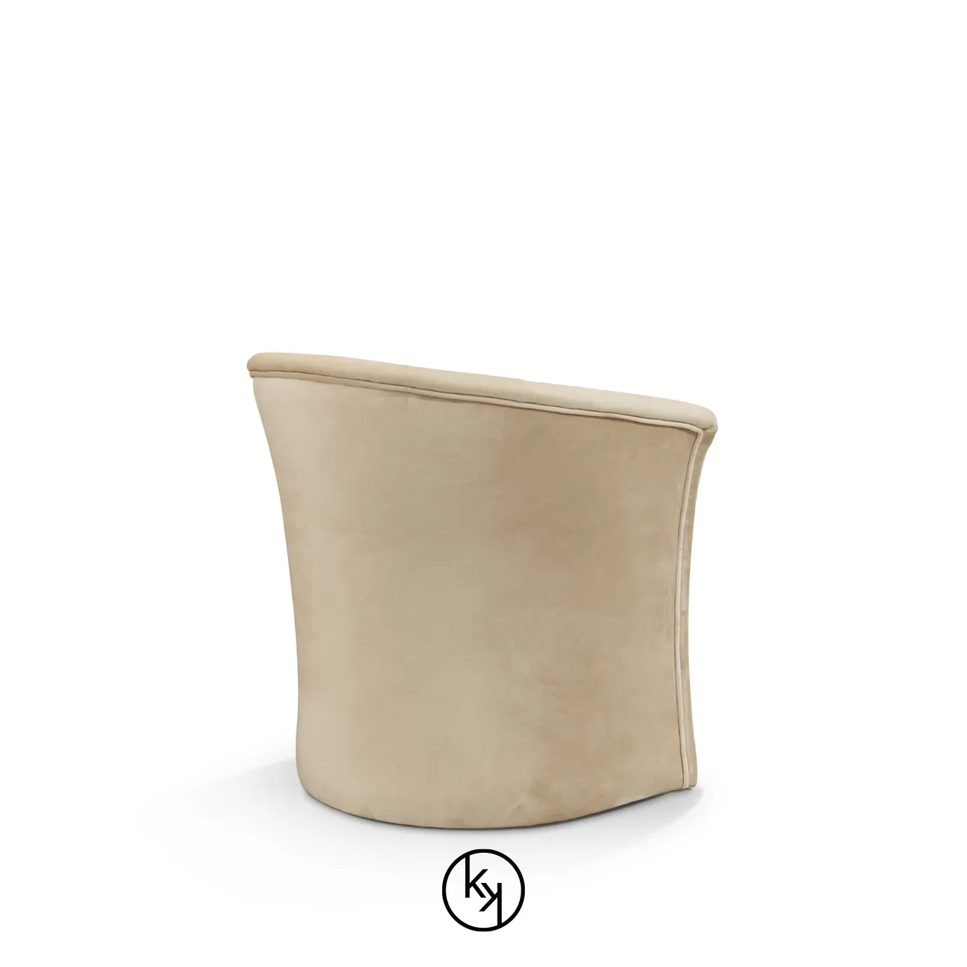 Slightly angled back view of the Marseille Chair, highlighting its curved form and soft, neutral upholstery.