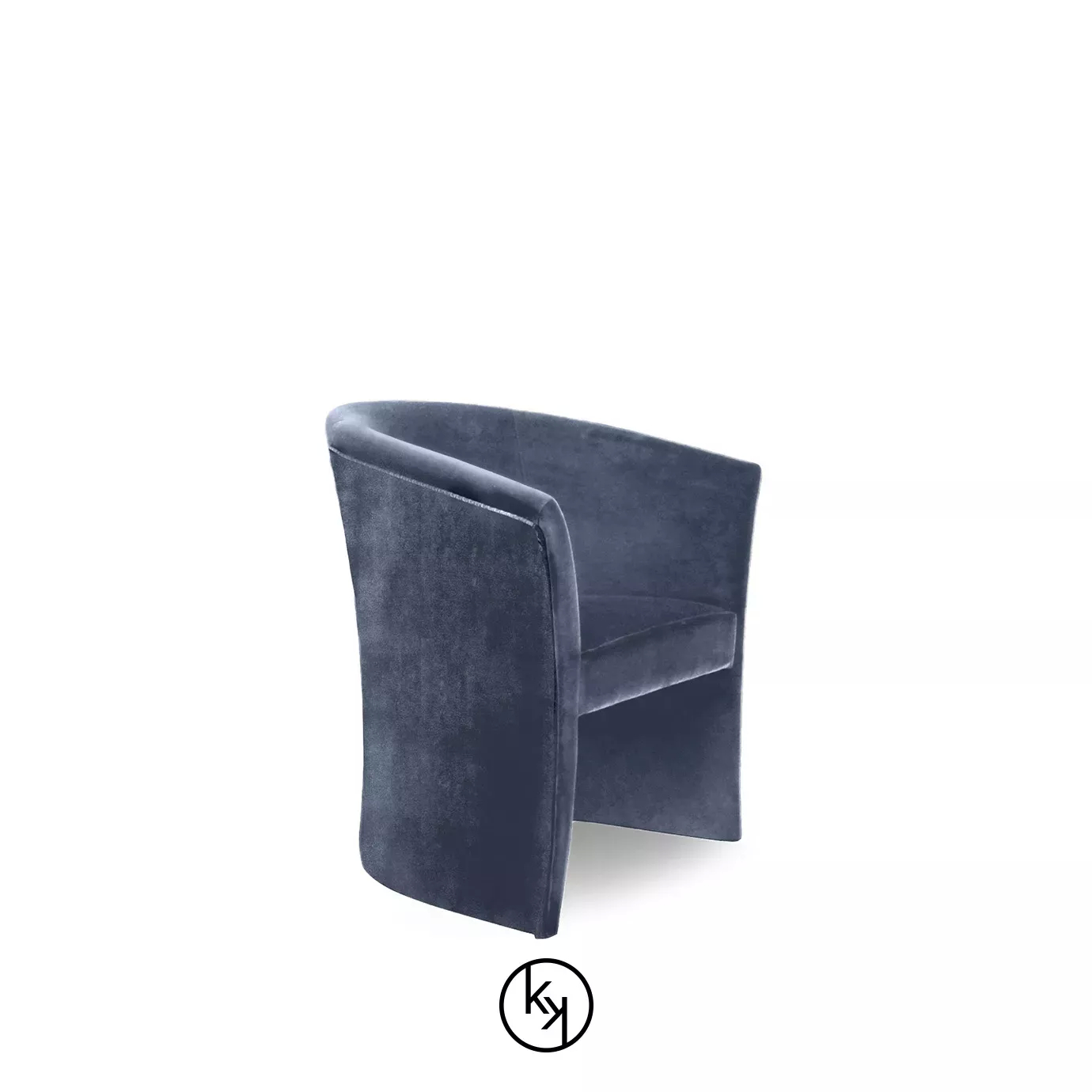 Slightly angled view of the Marseille Chair in deep blue velvet, showcasing its curved back and flowing, modern design.