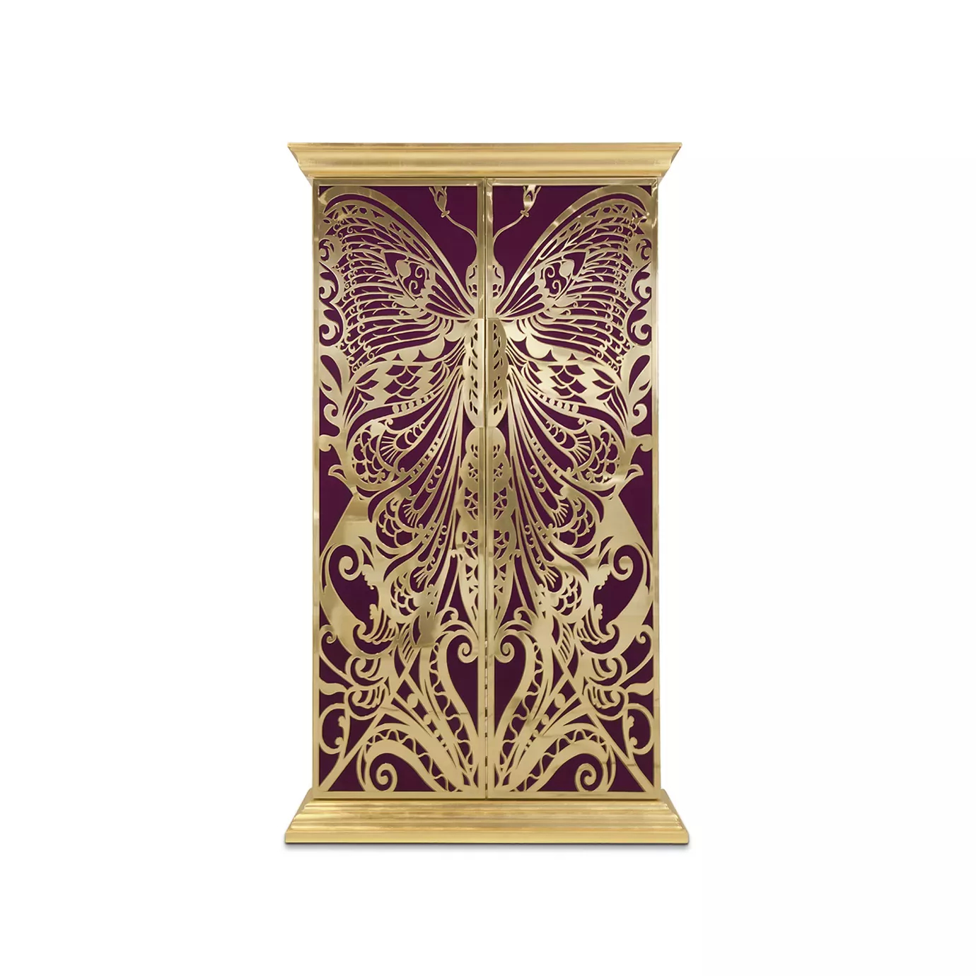 Mademoiselle armoire with golden butterfly detail on purple.