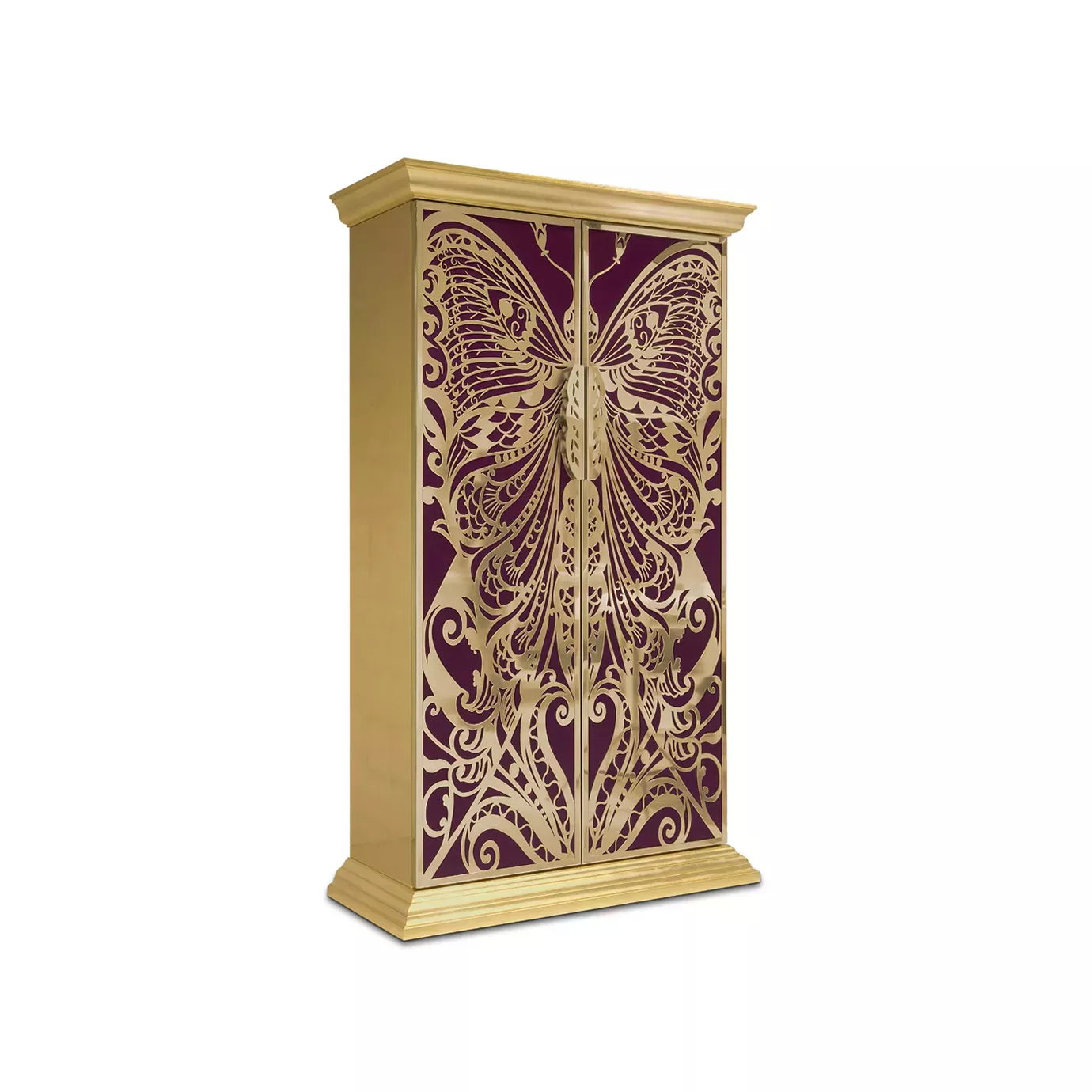 Side view of the elegant golden and purple Mademoiselle armoire.