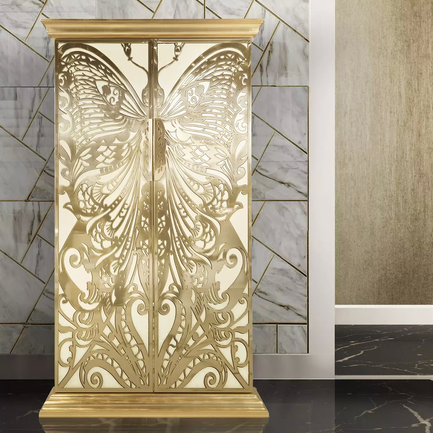 Golden Mademoiselle armoire in an elegant interior design setting.