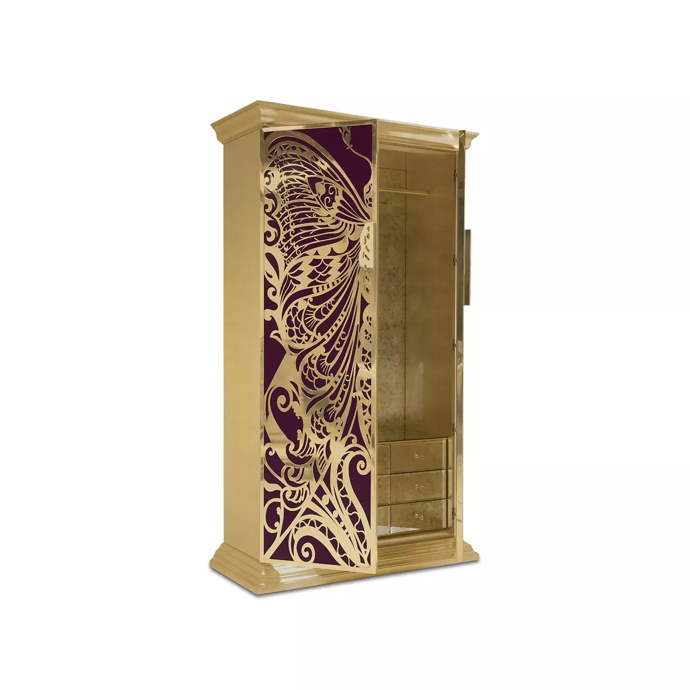 Partially opened Mademoiselle armoire revealing interior and details.