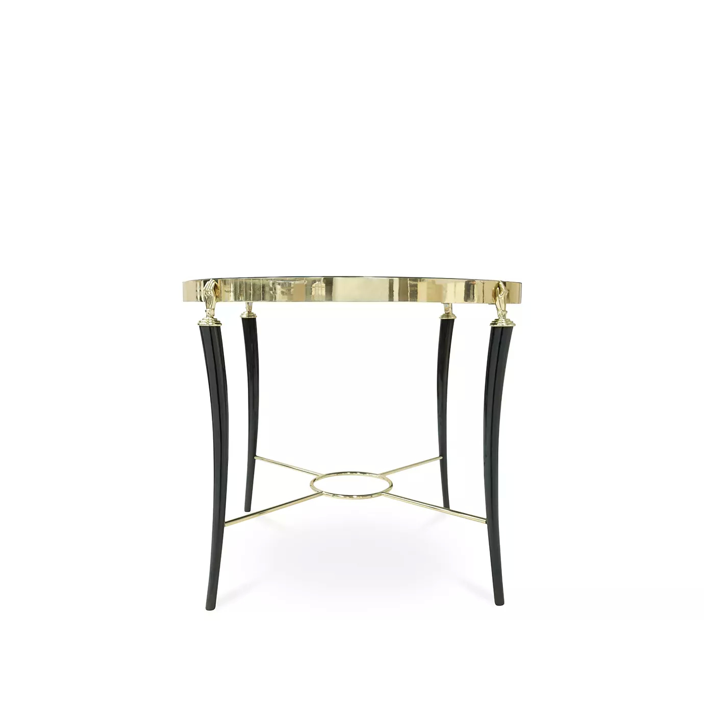 Gisele Side Table with a round, dark patterned top, a golden rim, and black legs with golden accents.