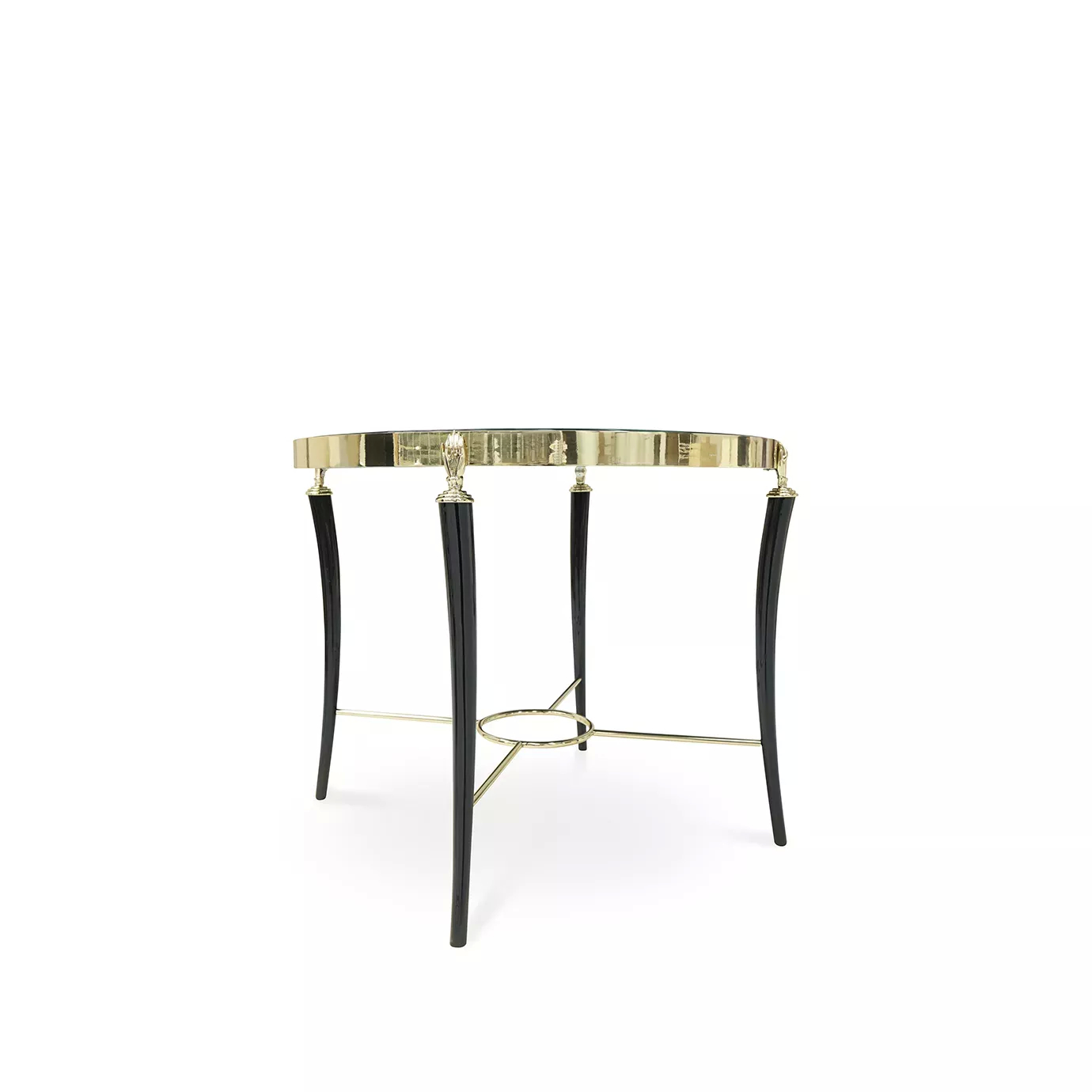 Gisele Side Table with a round, dark patterned top, a golden rim, and black legs with golden accents.