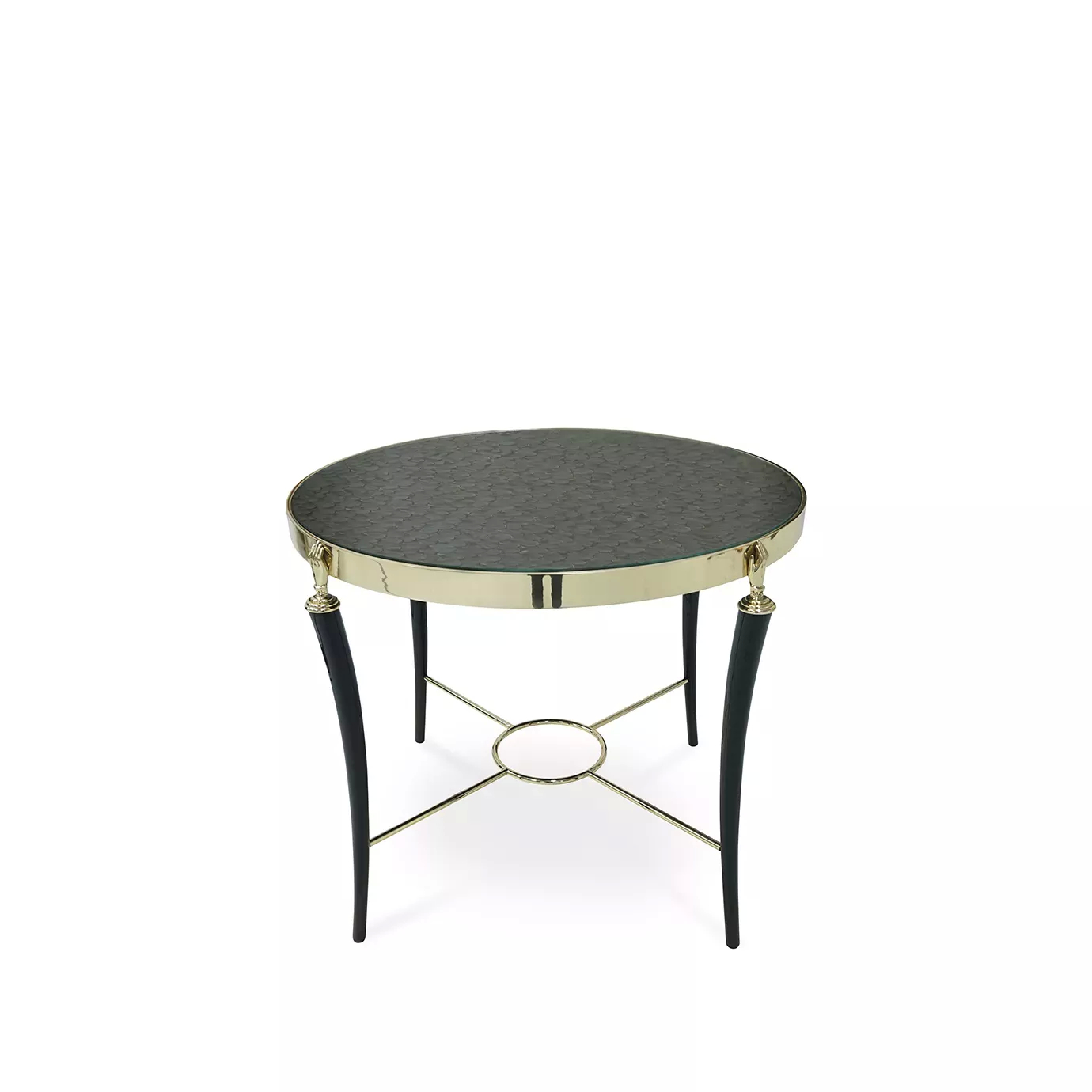 Gisele Side Table with a round, dark patterned top, a golden rim, and black legs with golden accents.