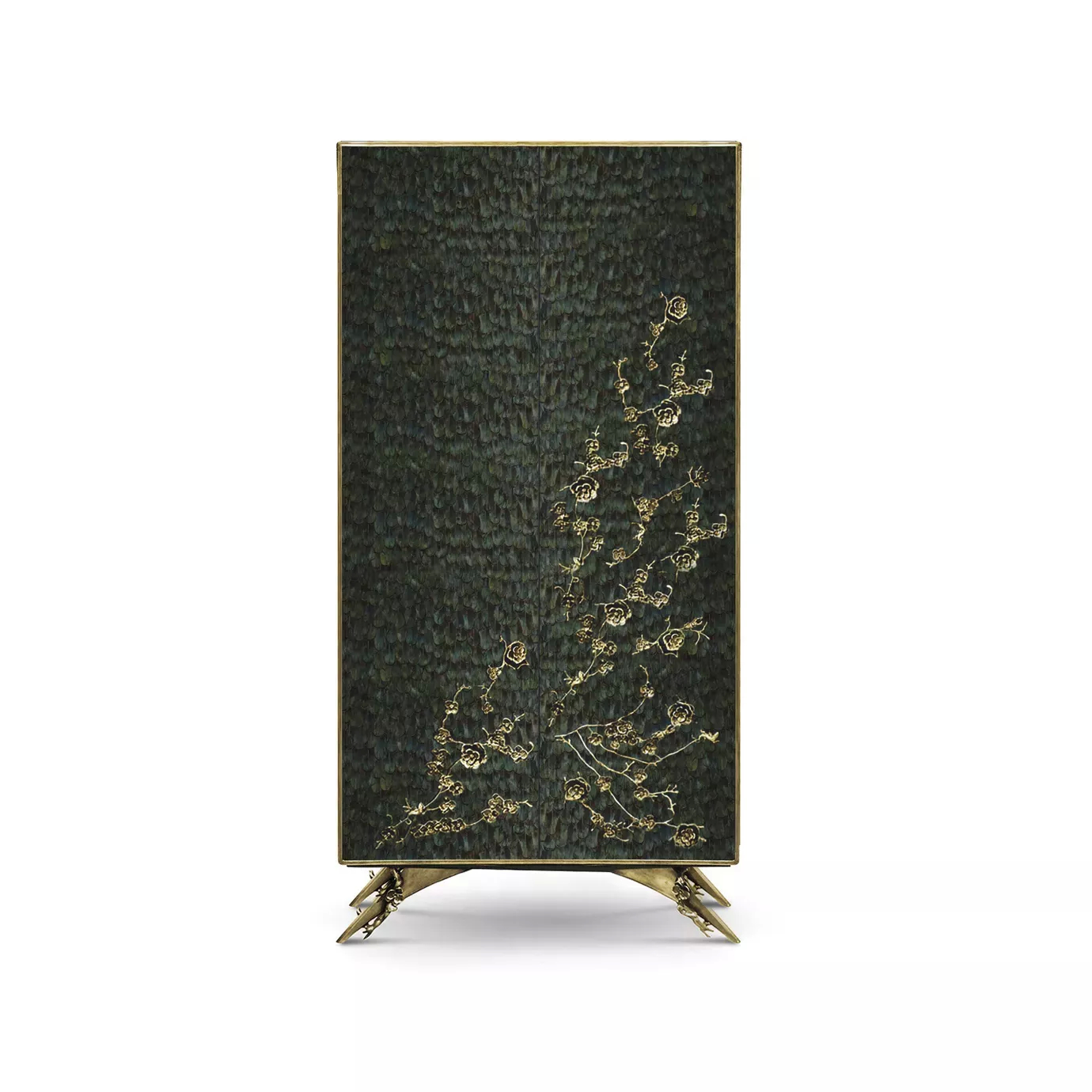 The Spellbound Peacock Feather Armoire’s structure is adorned with green peacock feathers ornamented with elegant golden flower-shaped details along the bottom of the front doors.
