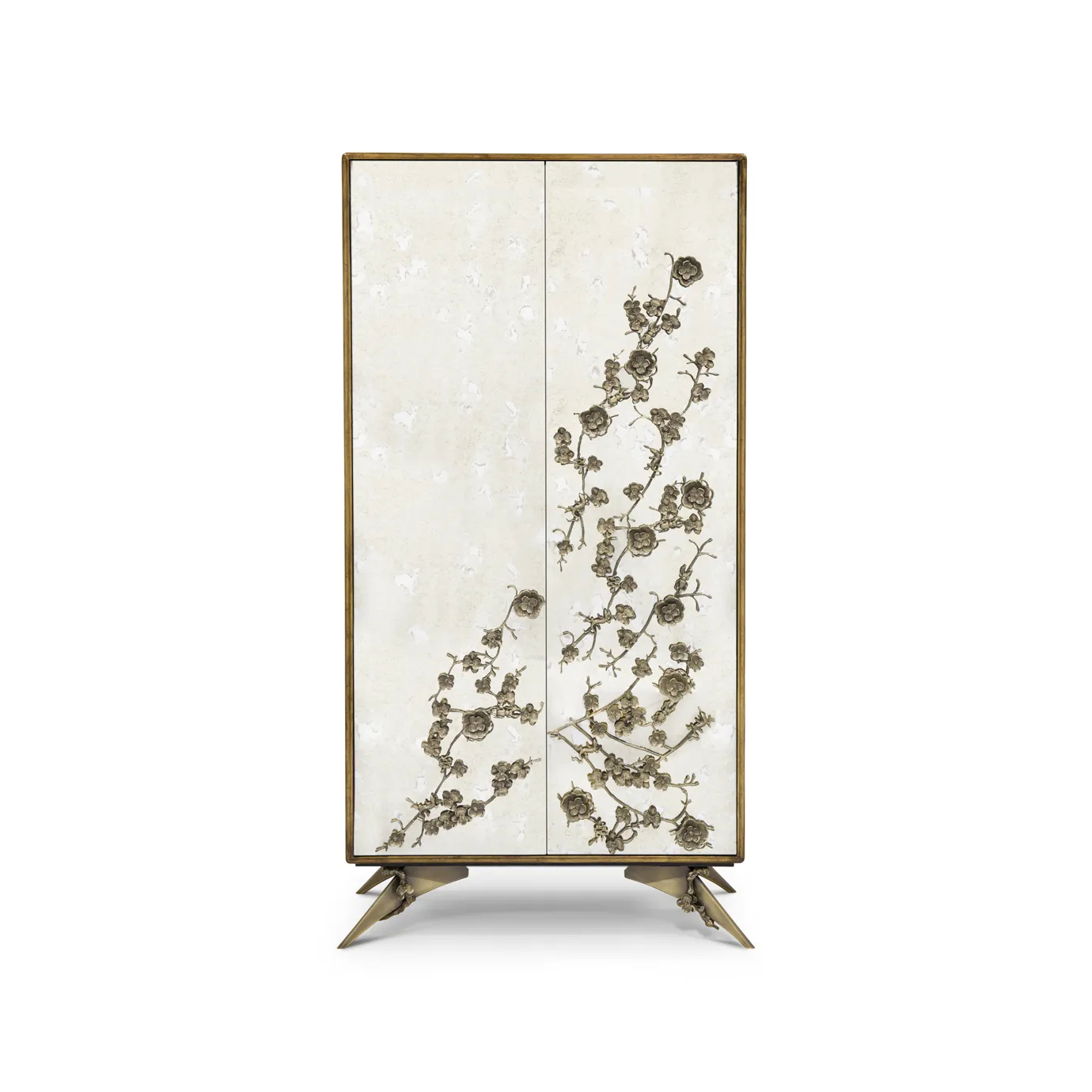 The Spellbound Aged Mirror Armoire features mirrored doors with ornate golden floral details and unique, sculptural golden legs.