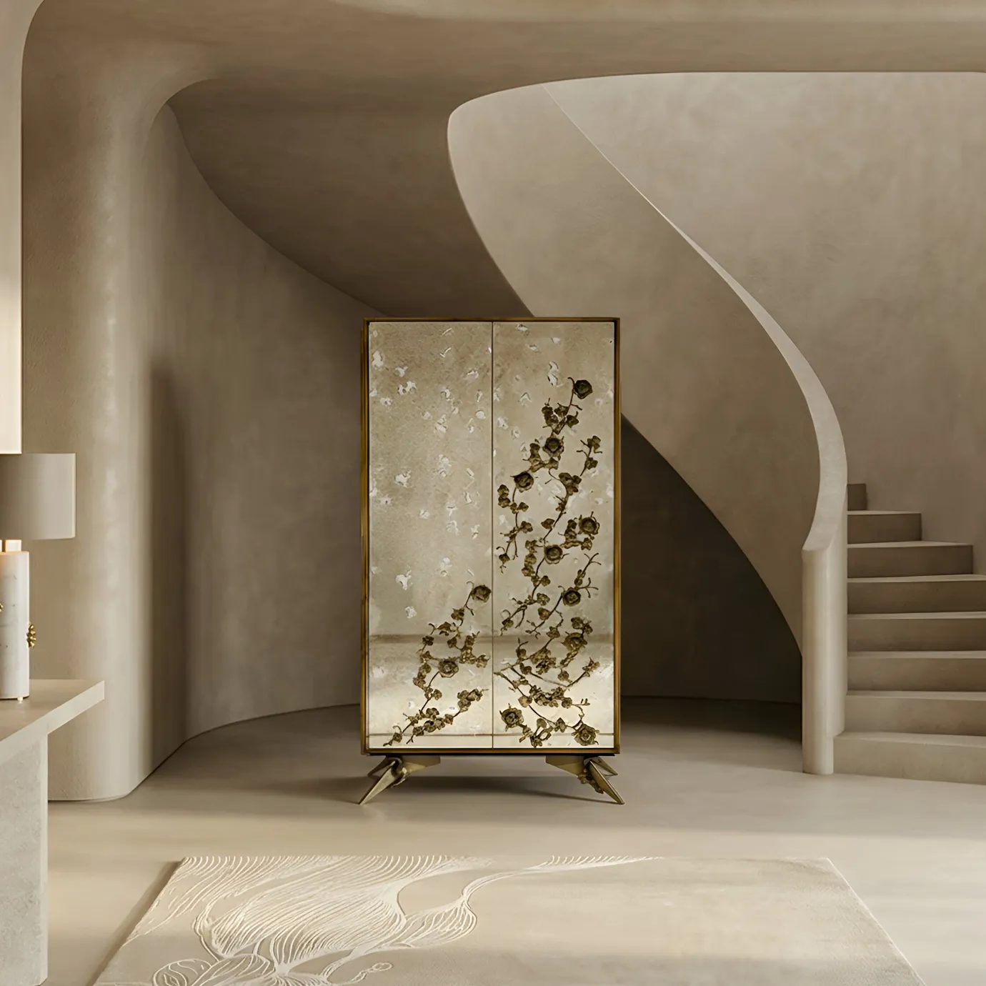 KOKET Spellbound Aged Mirror Armoire on the Soft Pleasures Orchid Sand rug.