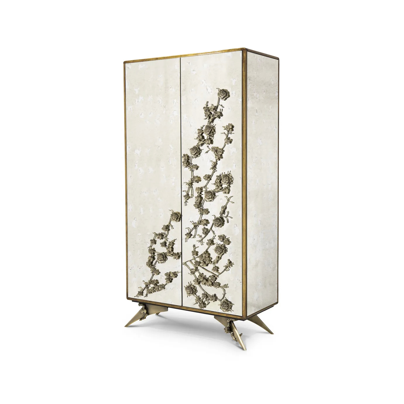 Slightly angled view of the Spellbound Aged Mirror Armoire, featuring mirrored doors with ornate golden floral details and unique, sculptural golden legs.