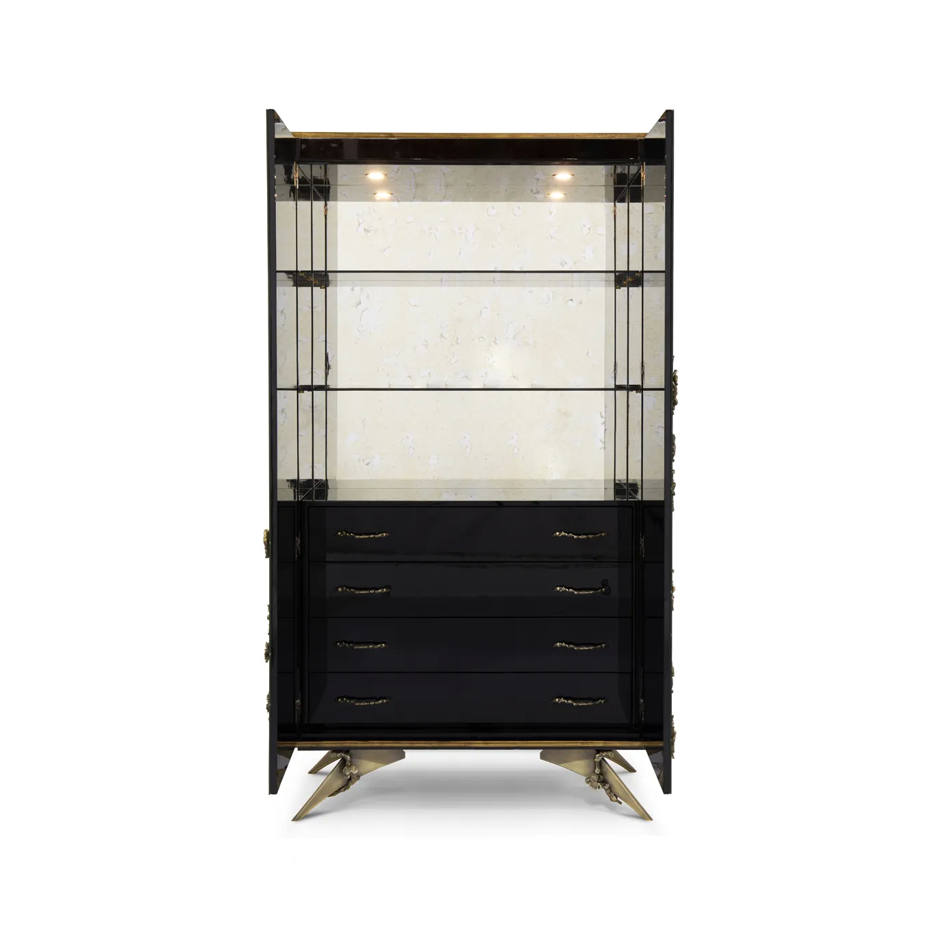 The Spellbound Aged Mirror Armoire with open doors, revealing glass shelves and black drawers with ornate golden handles.