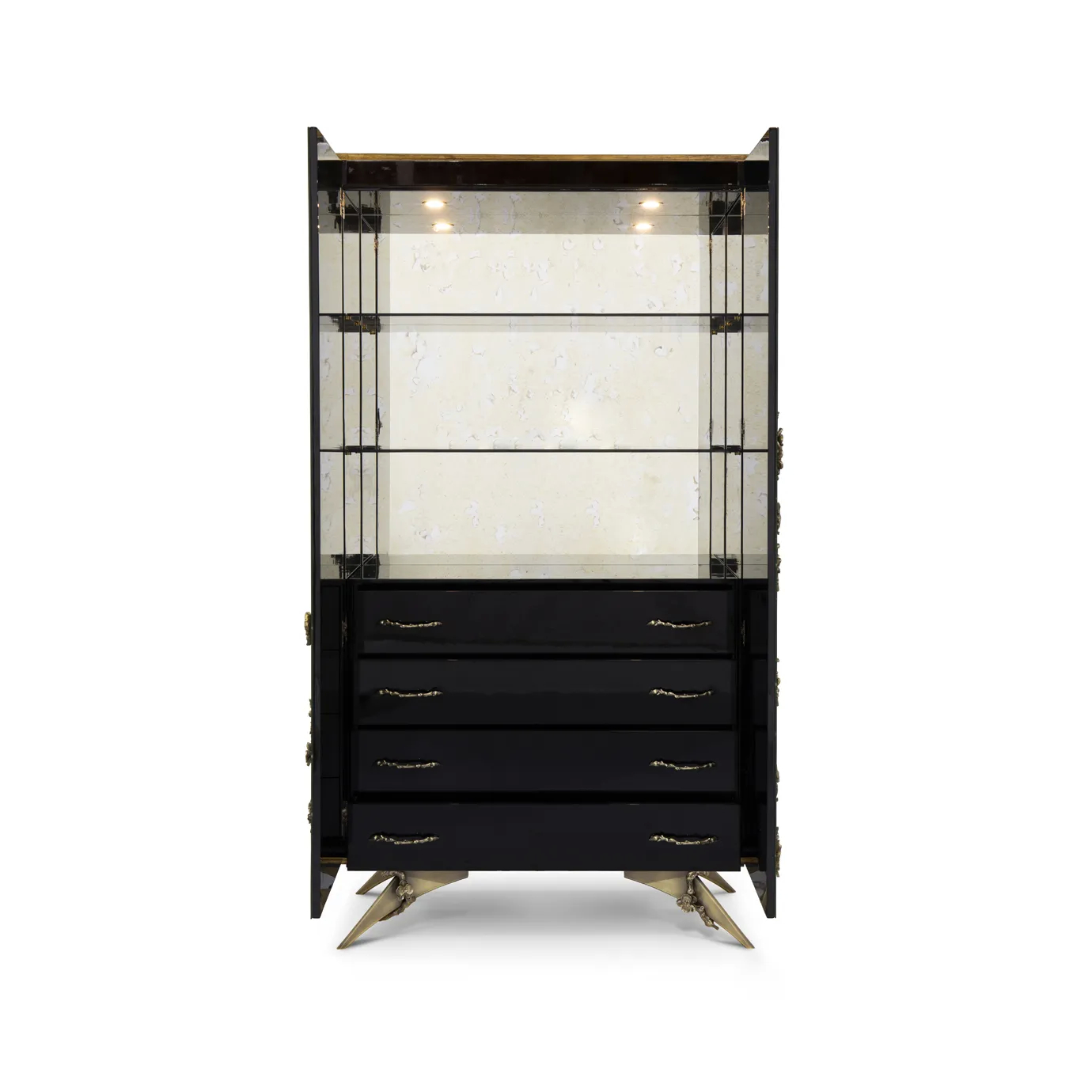 The Spellbound Aged Mirror Armoire with open doors and drawers, showcasing glass shelves, black drawer interiors, and ornate golden handles.