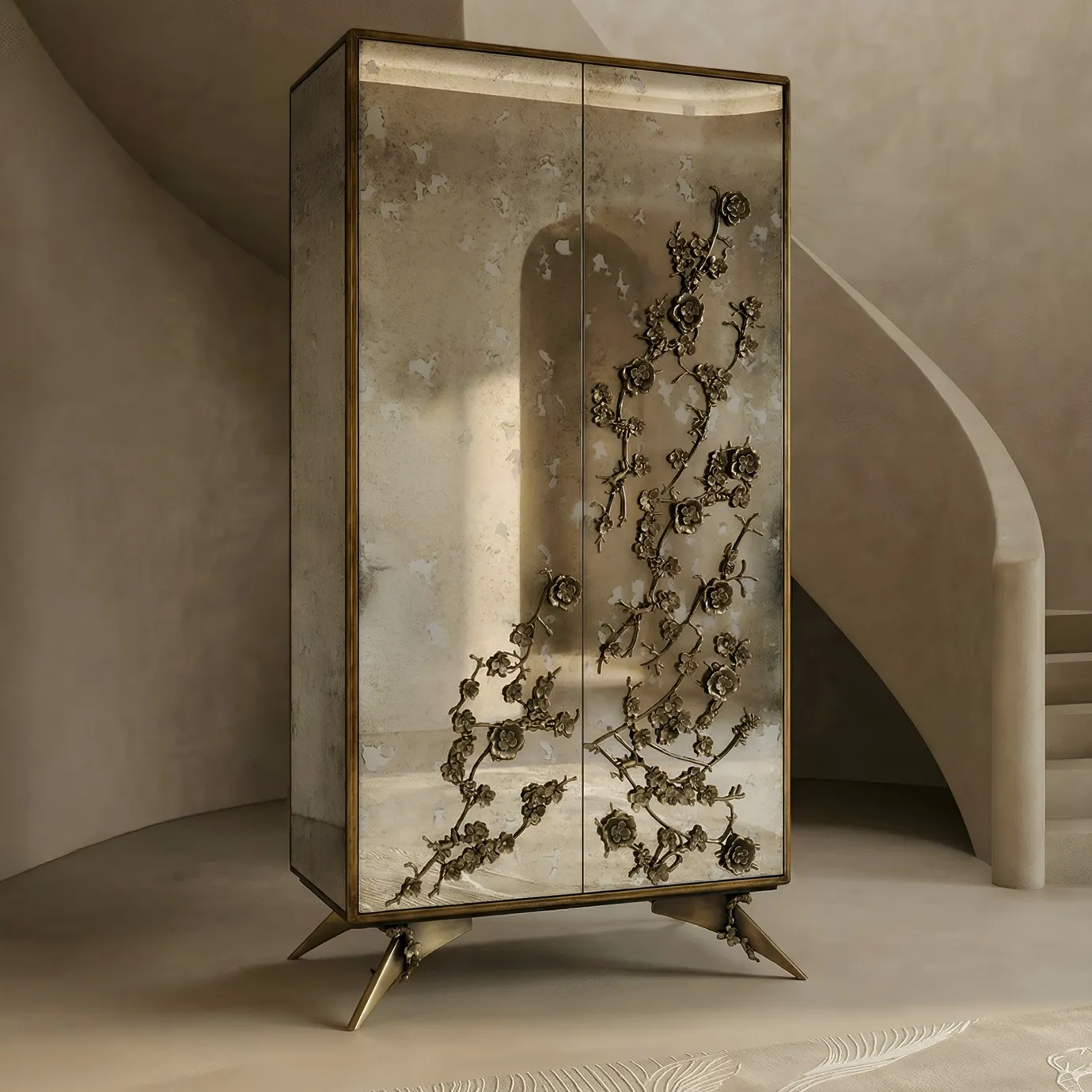 KOKET Spellbound Aged Mirror Armoire on the Soft Pleasures Orchid Sand rug.