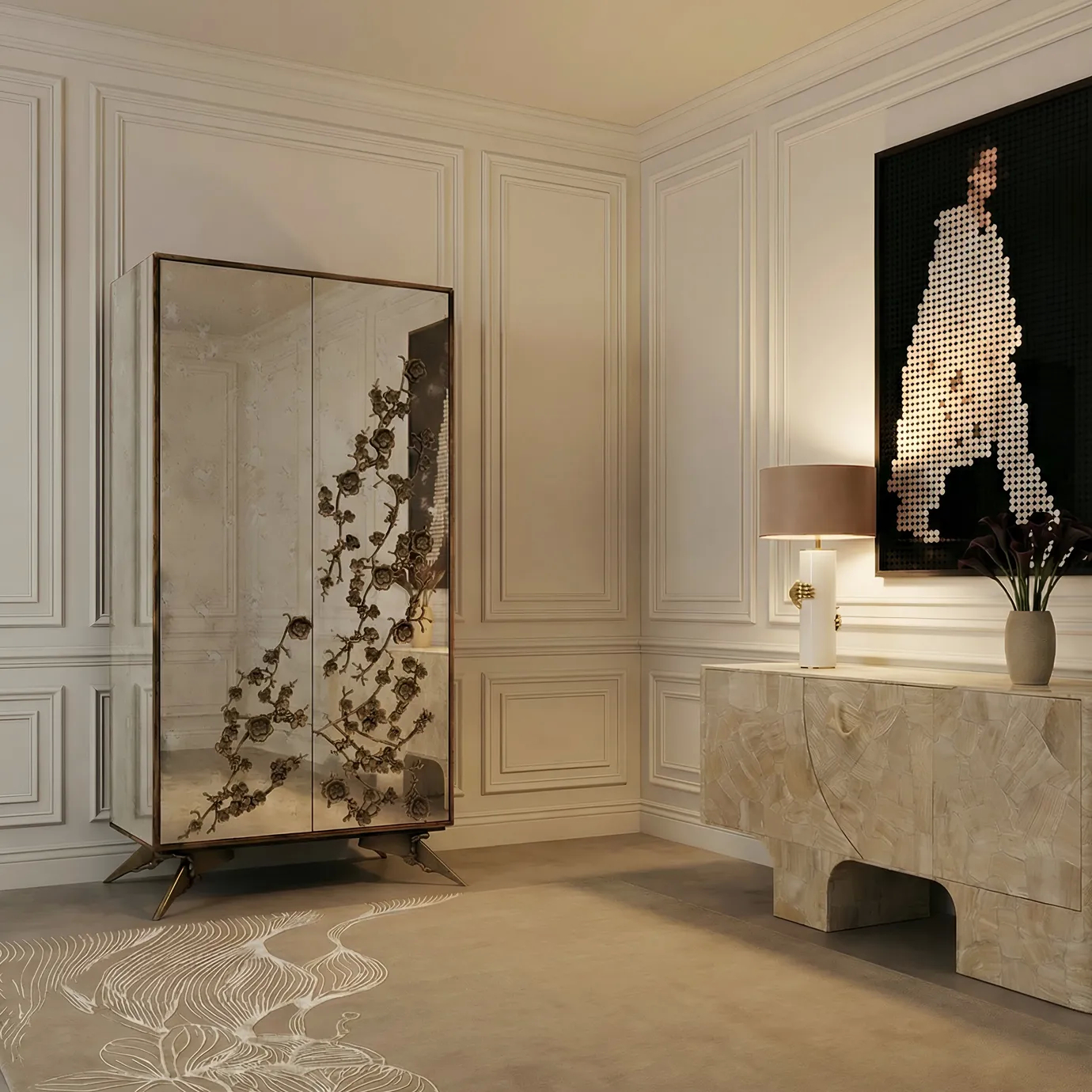 KOKET Soft Pleasures Orchid Sand rug in a classic luxury interior.