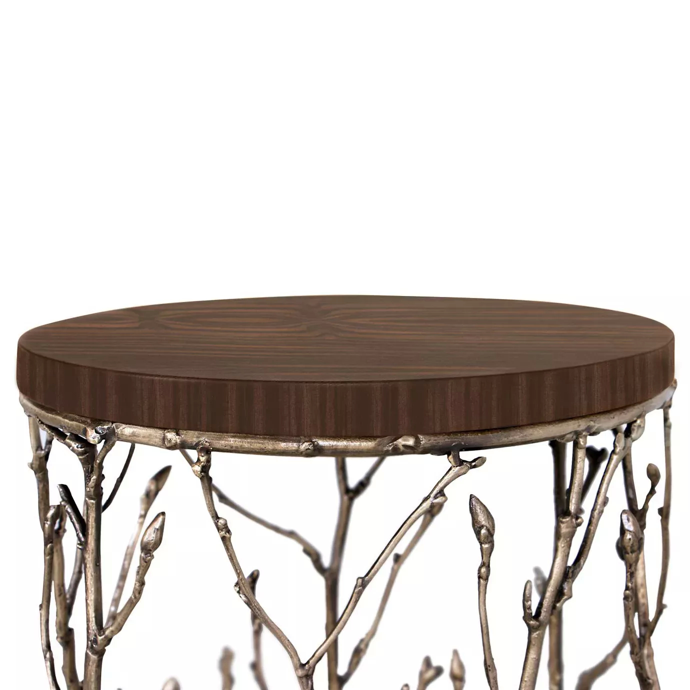 Enchanted Ebony Veneer Top Side Table: Close view of the brown tabletop, combining with the intricate aged brass structure resembling branches.