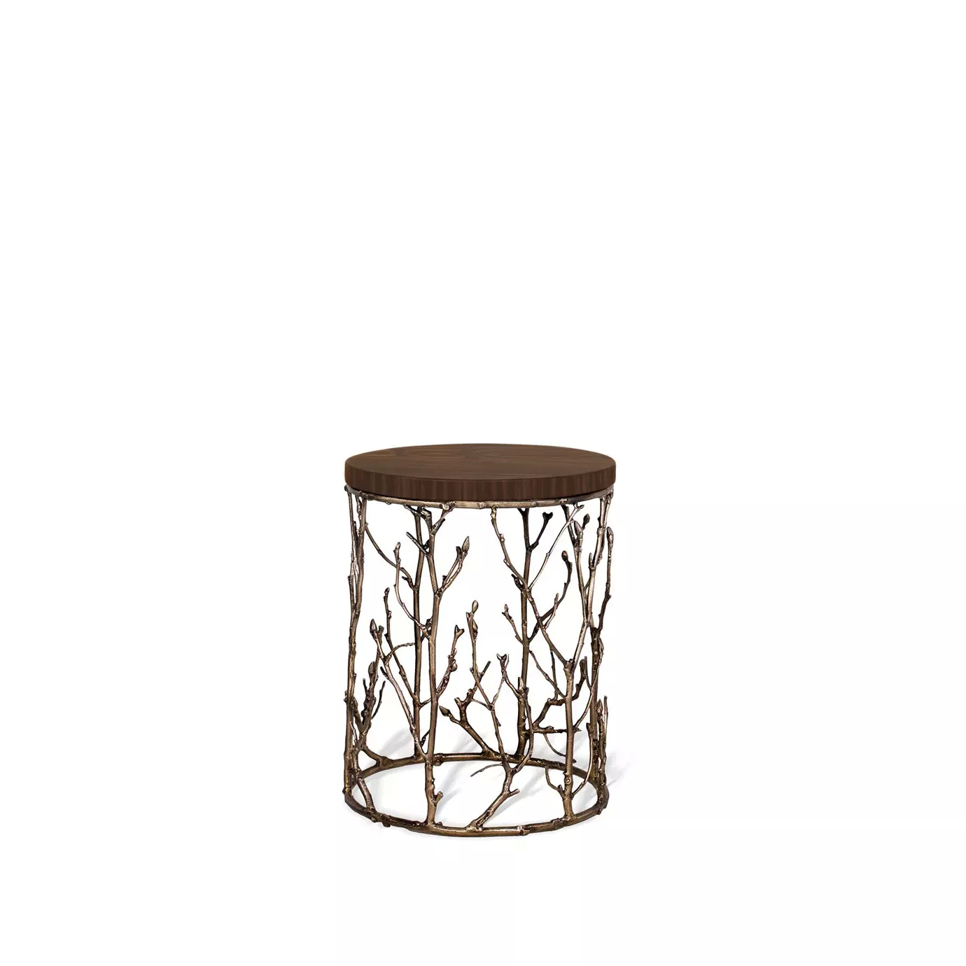 Featuring a brown tabletop, the Enchanted Ebony Veneer Top Side Table has a structure adorned with intricate aged brass details, resembling branches.